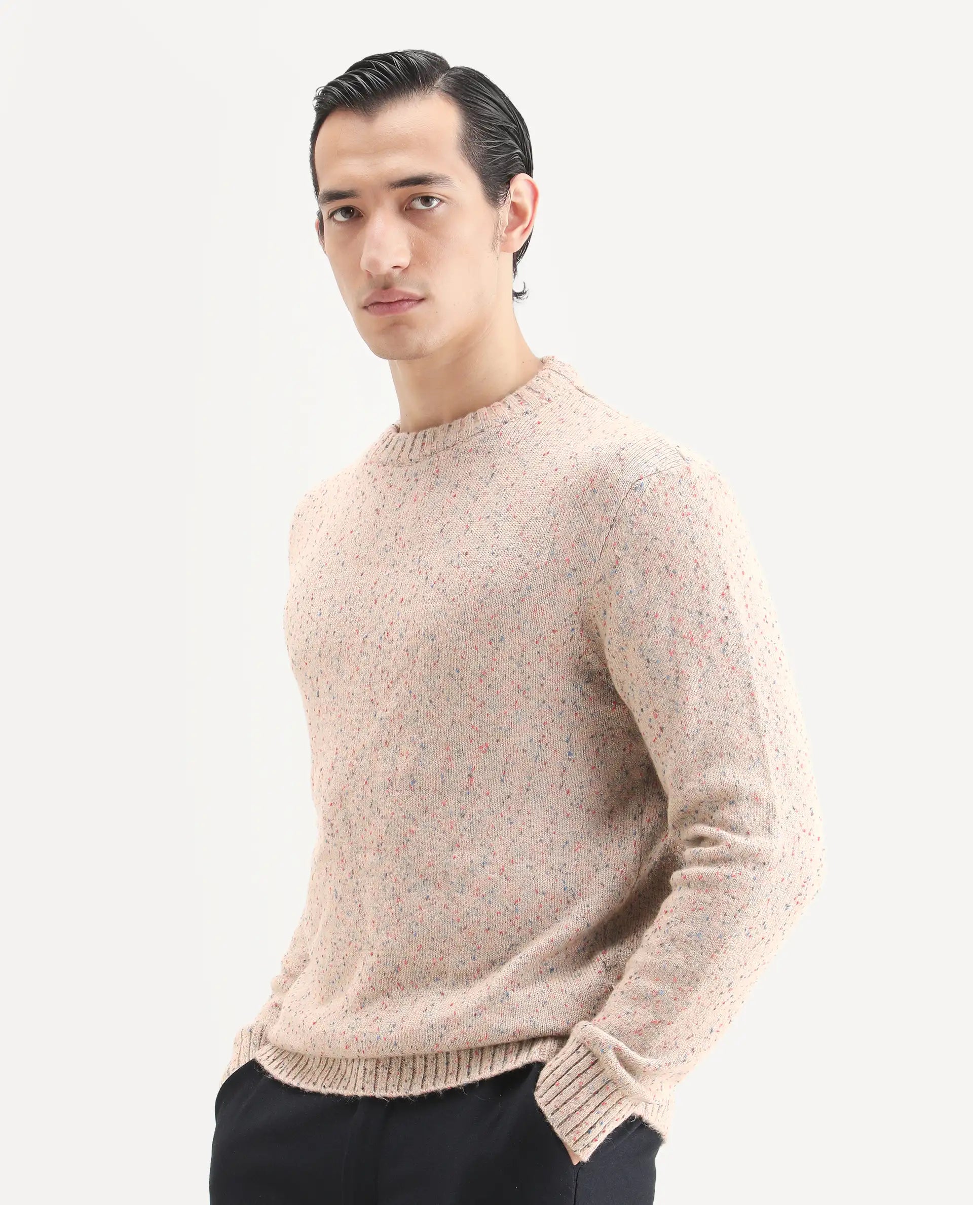 Rare Rabbit Men's Lomo Beige Acrylic Printed Regular Fit Full Sleeve Crew Neck Sweater