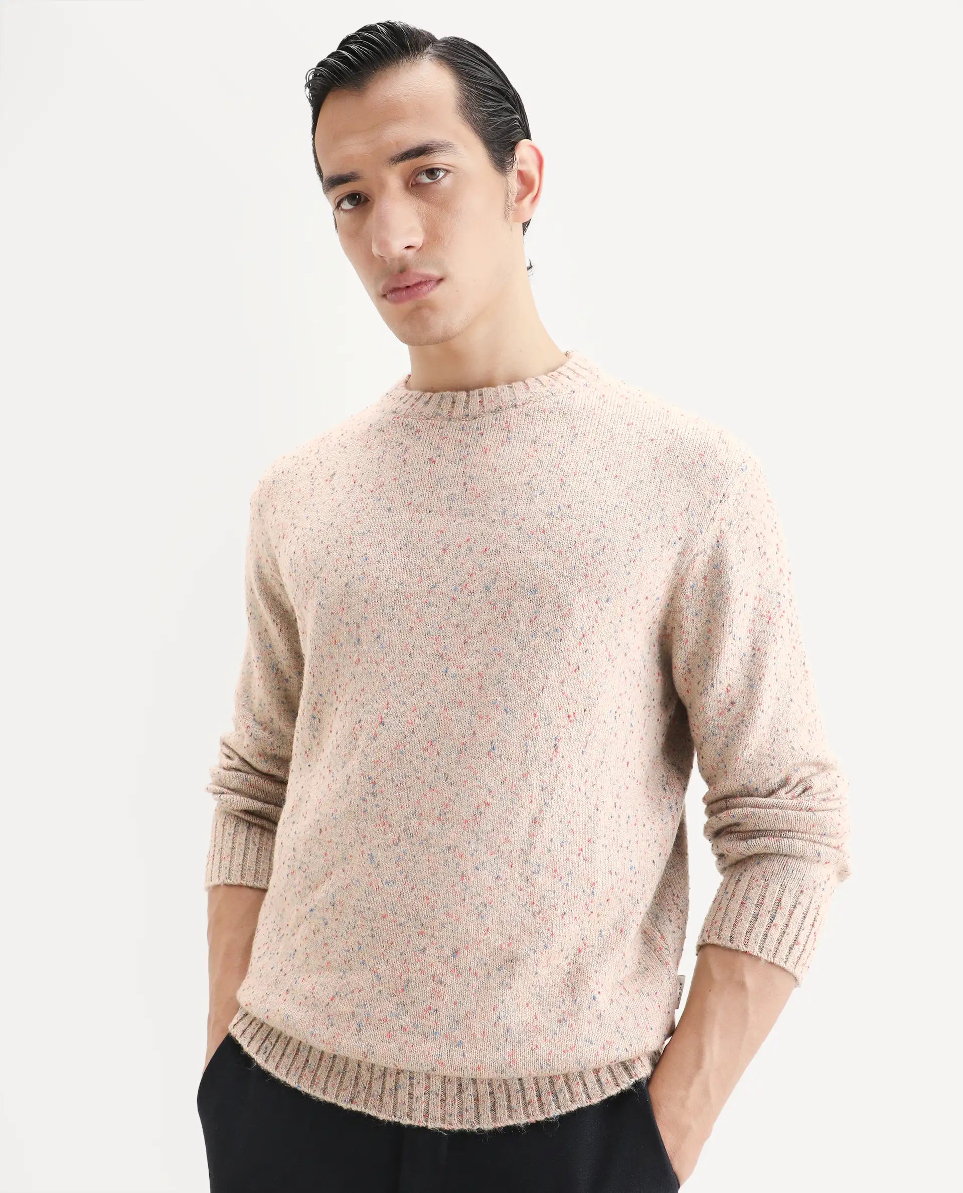 Rare Rabbit Men's Lomo Beige Acrylic Printed Regular Fit Full Sleeve Crew Neck Sweater