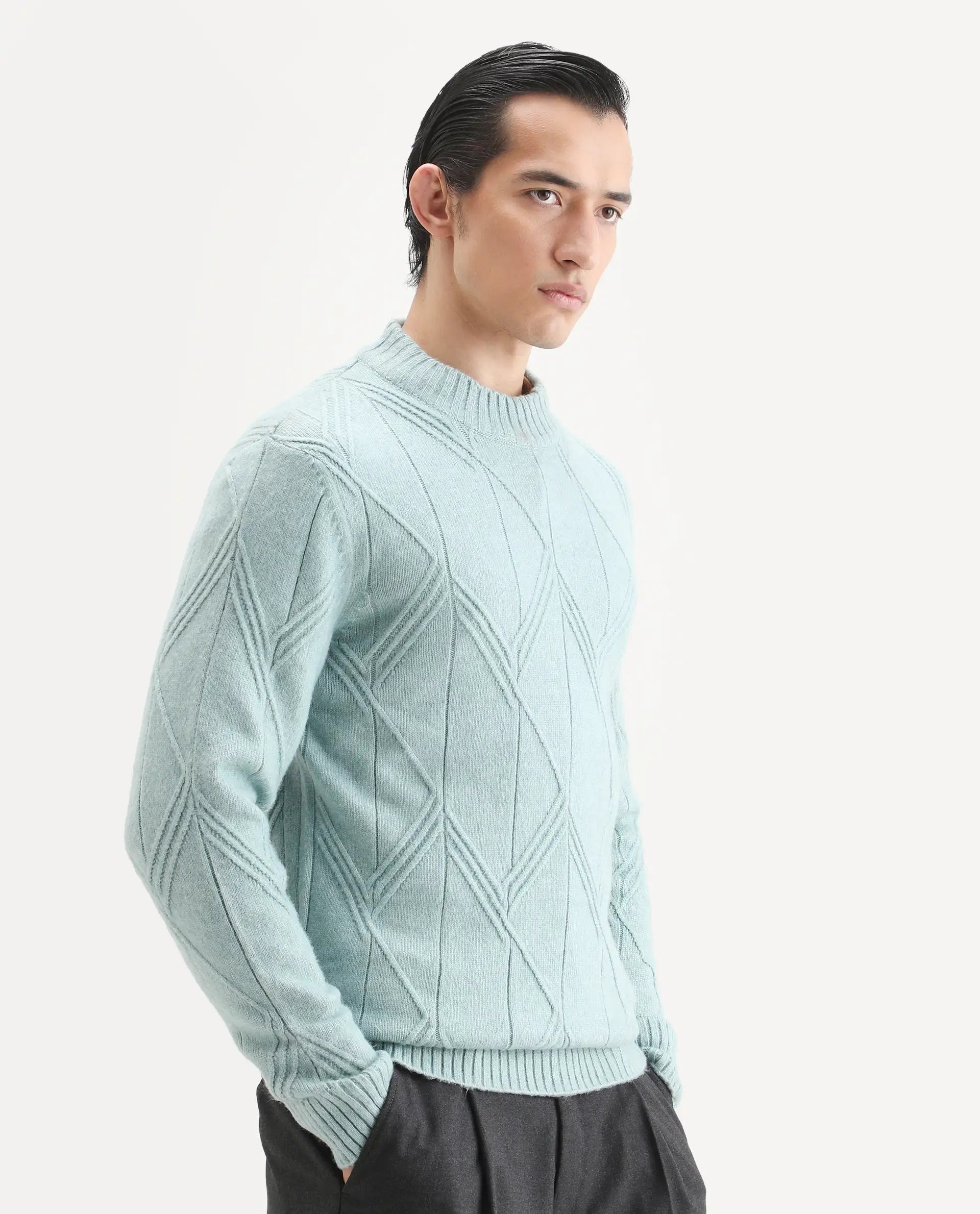 Rare Rabbit Men's Alli Pastel Blue Polyester Plain Regular Fit Full Sleeve High Neck Sweater