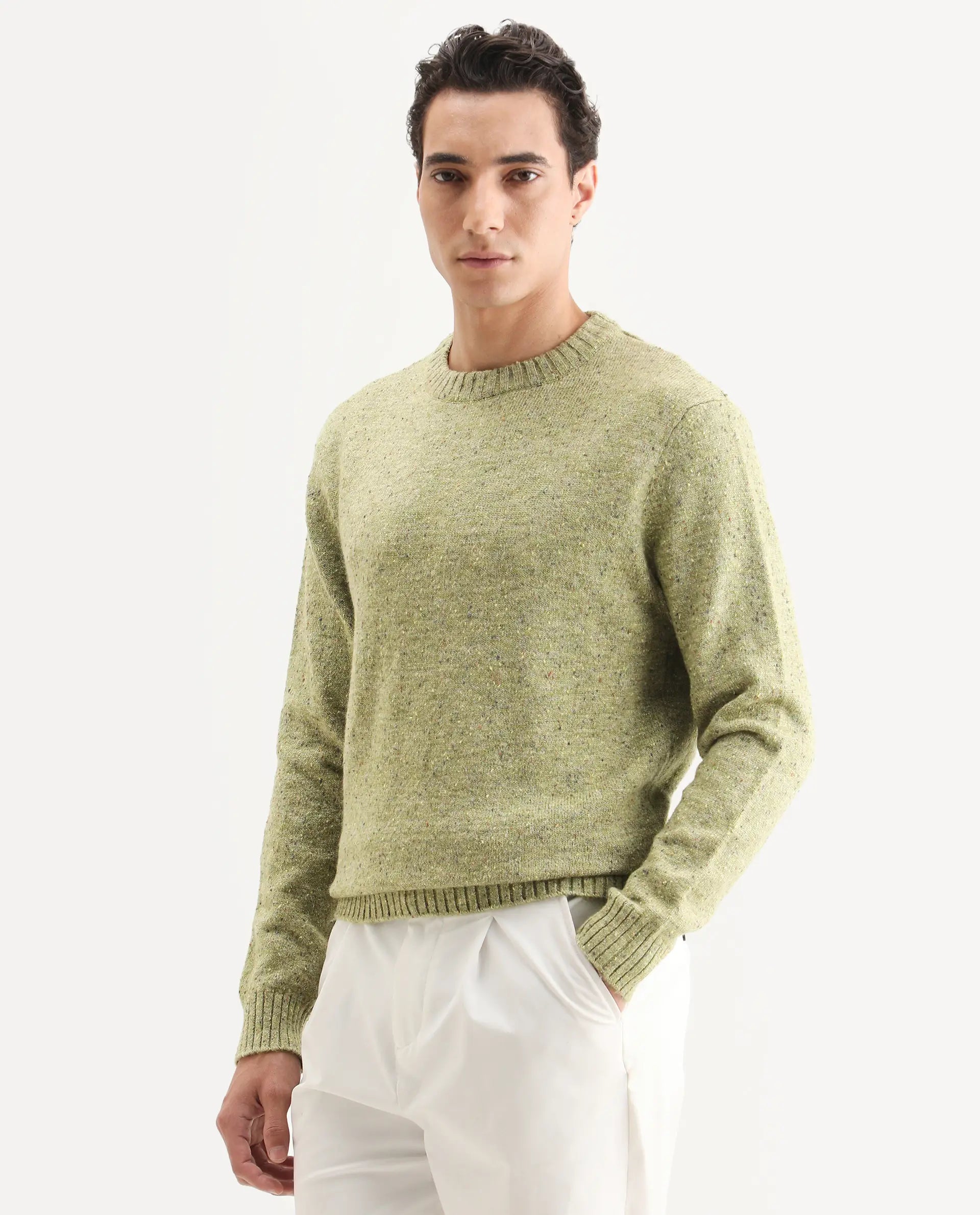 Rare Rabbit Men's Lomot Light Green Cotton Fabric Crew Neck Regular Fit Speckled Print Sweater