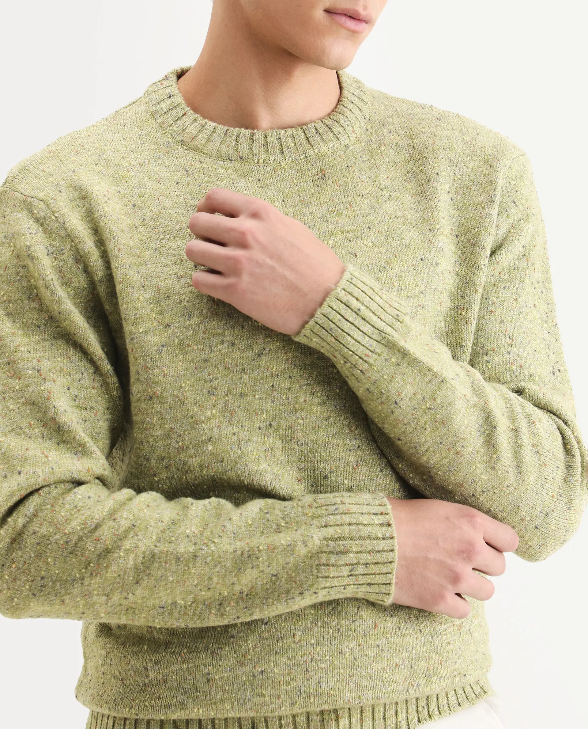 Rare Rabbit Men's Lomot Light Green Cotton Fabric Crew Neck Regular Fit Speckled Print Sweater