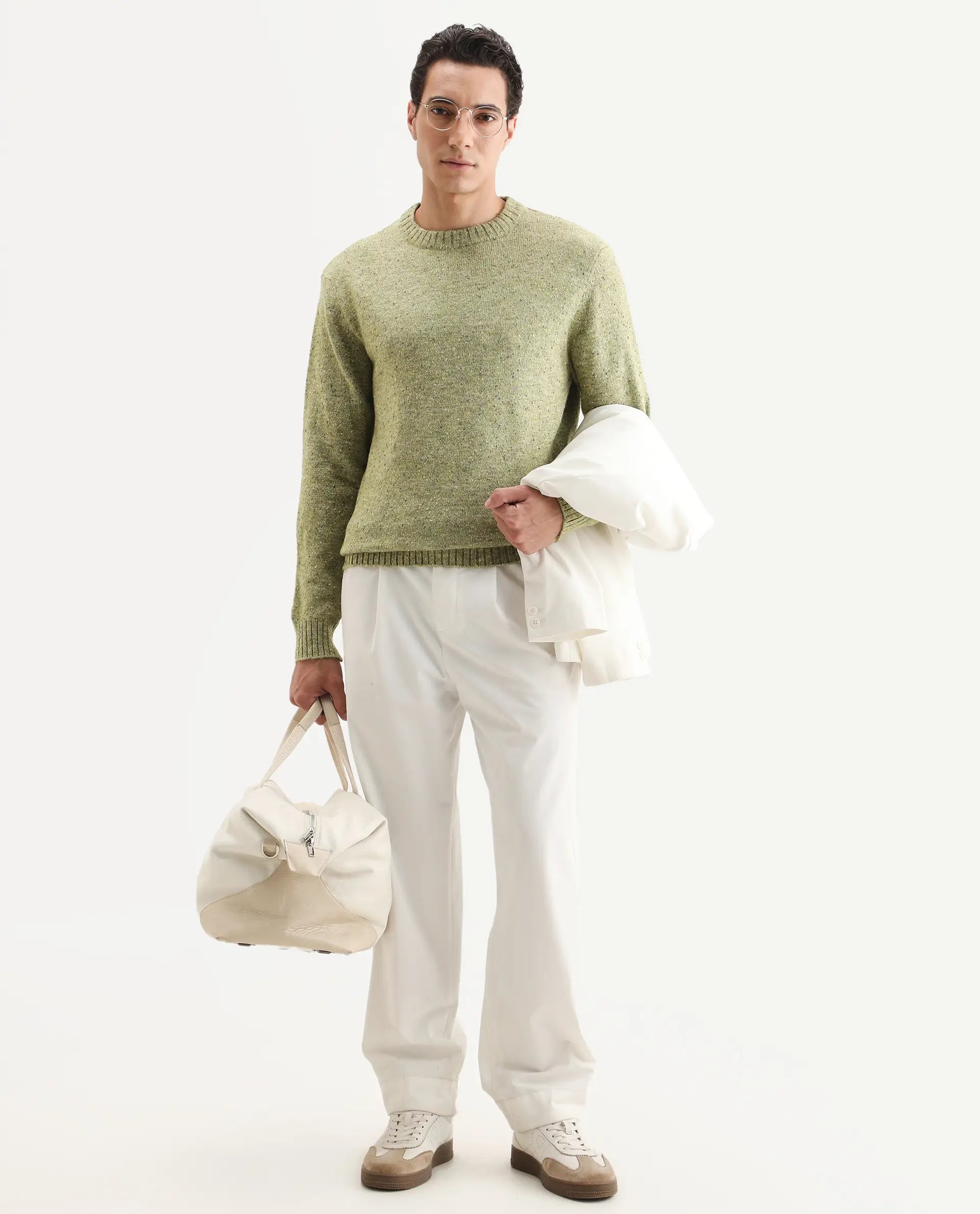 Rare Rabbit Men's Lomot Light Green Cotton Fabric Crew Neck Regular Fit Speckled Print Sweater