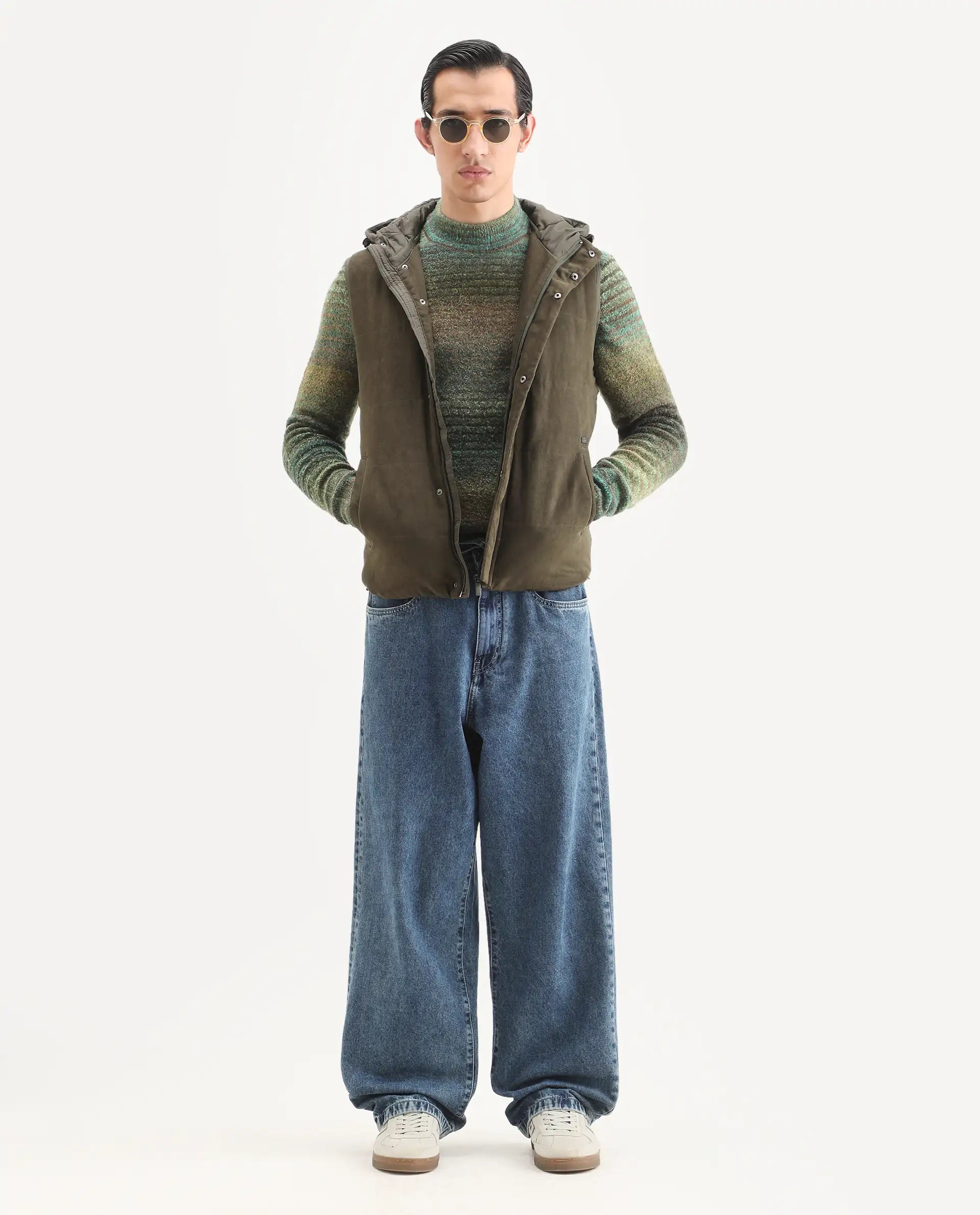 Rare Rabbit Men's Nemo Green Acrylic Color Block Regular Fit Full Sleeve Crew Neck Sweater