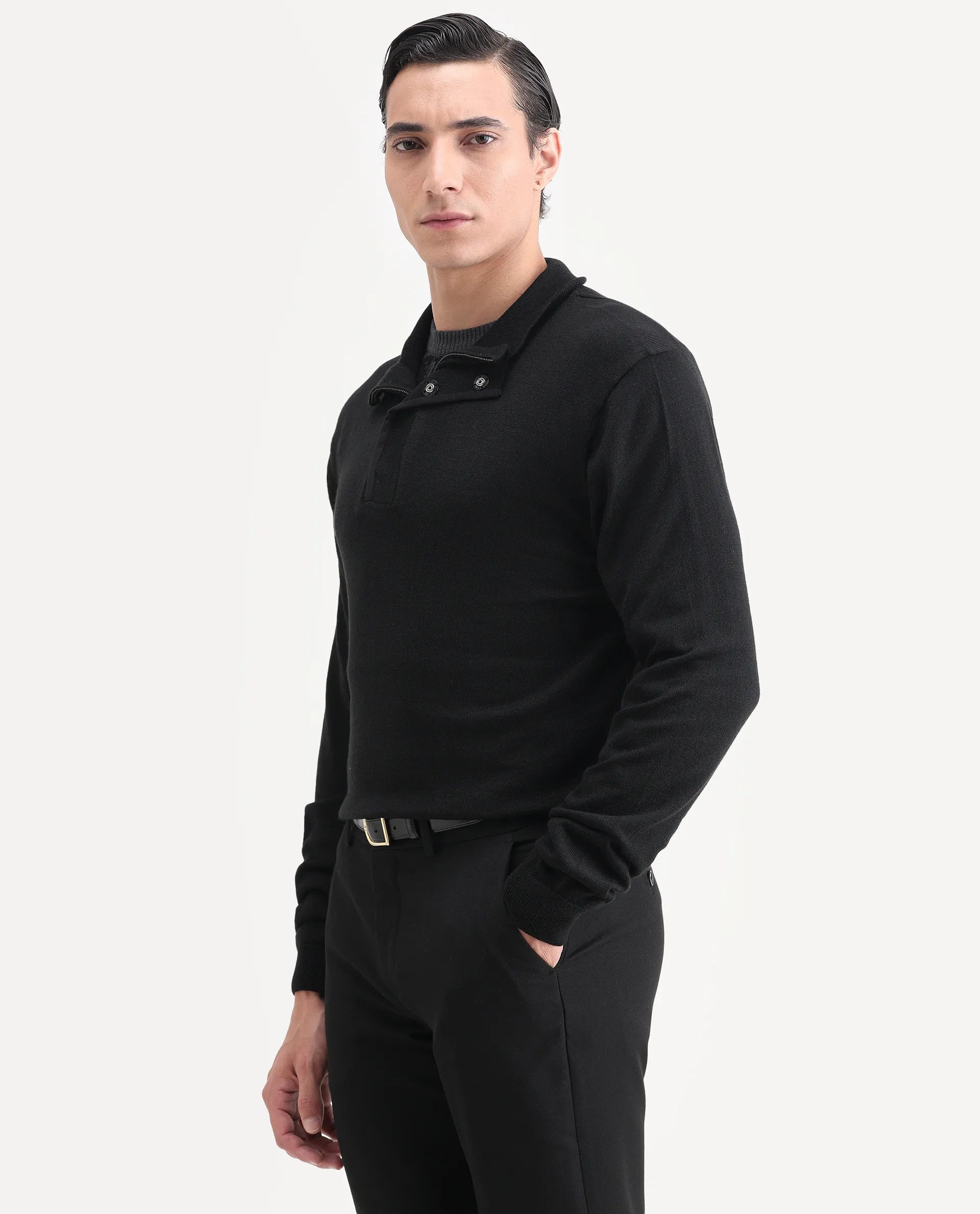 Rare Rabbit Men's Johny-25 Light Black Acrylic Fabric Full Sleeve High Neck Plain Sweater
