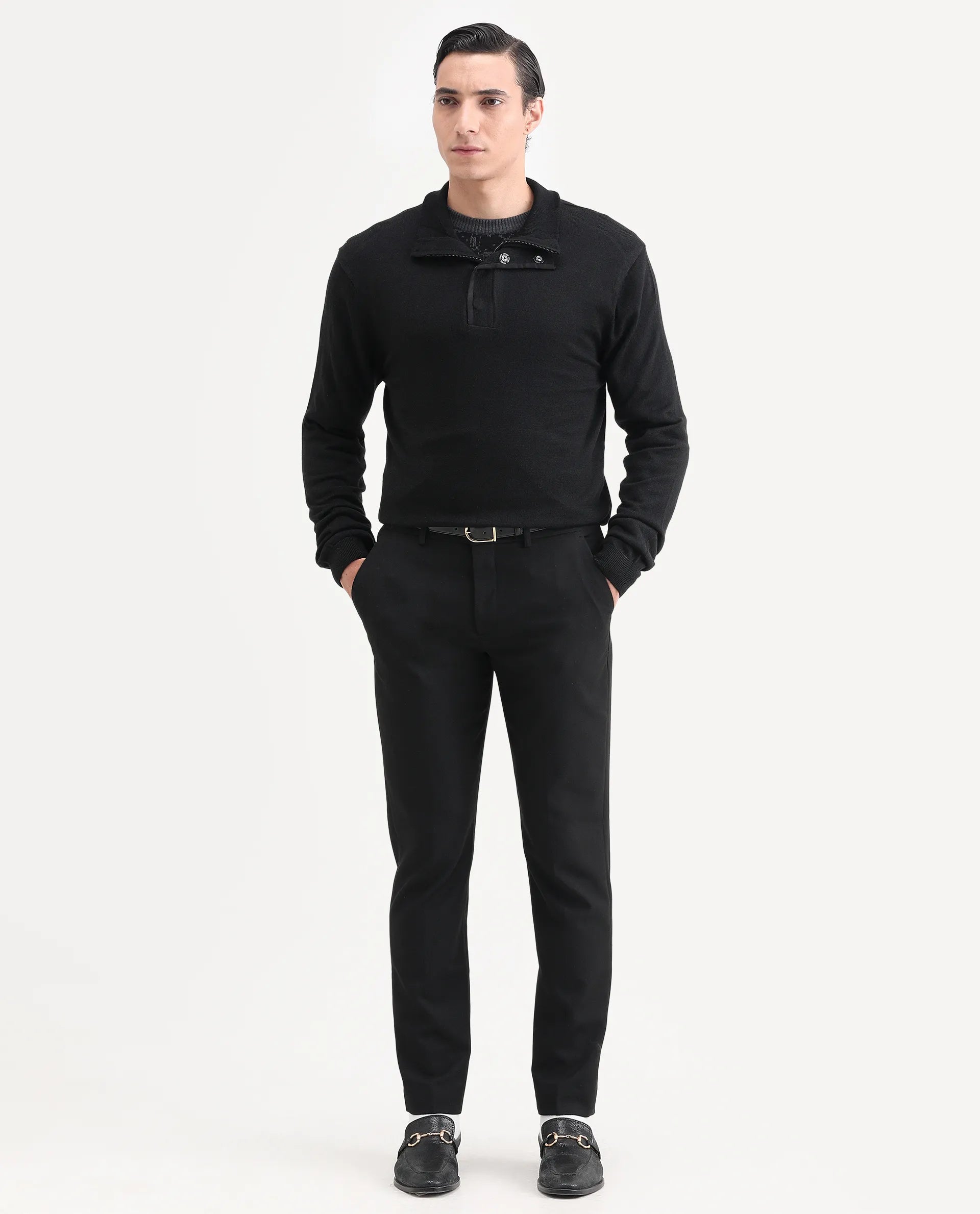 Rare Rabbit Men's Johny-25 Light Black Acrylic Fabric Full Sleeve High Neck Plain Sweater