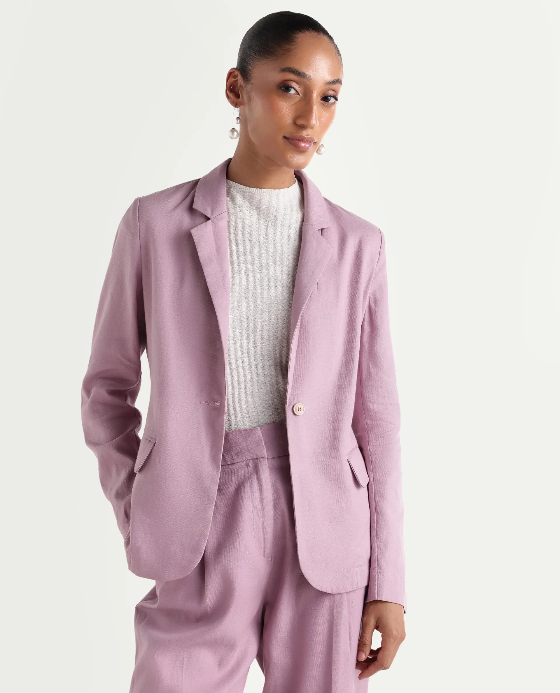 Rareism Women's Linzy-T Dusky Pink 100% Linen Full Sleeve Lapel Neck Regular Plain Blazer
