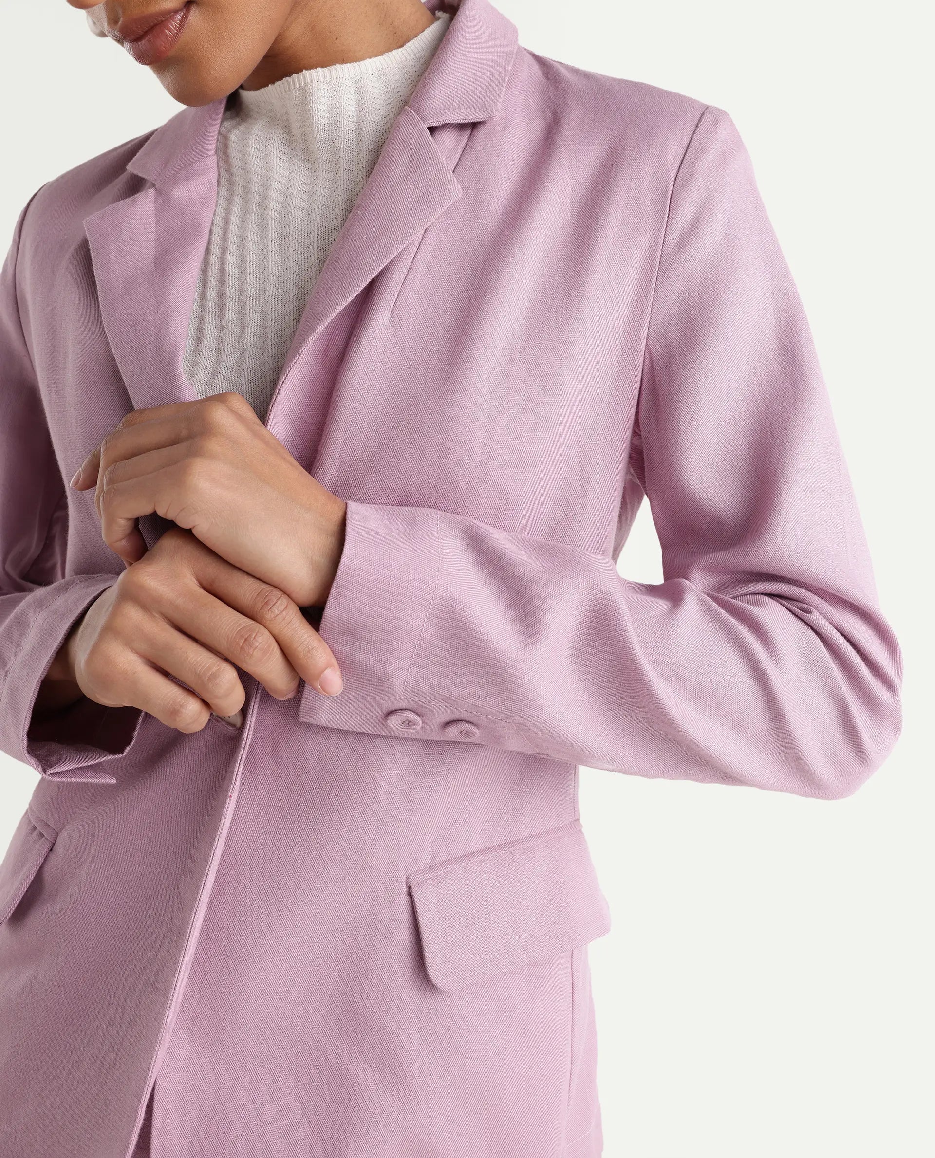 Rareism Women's Linzy-T Dusky Pink 100% Linen Full Sleeve Lapel Neck Regular Plain Blazer