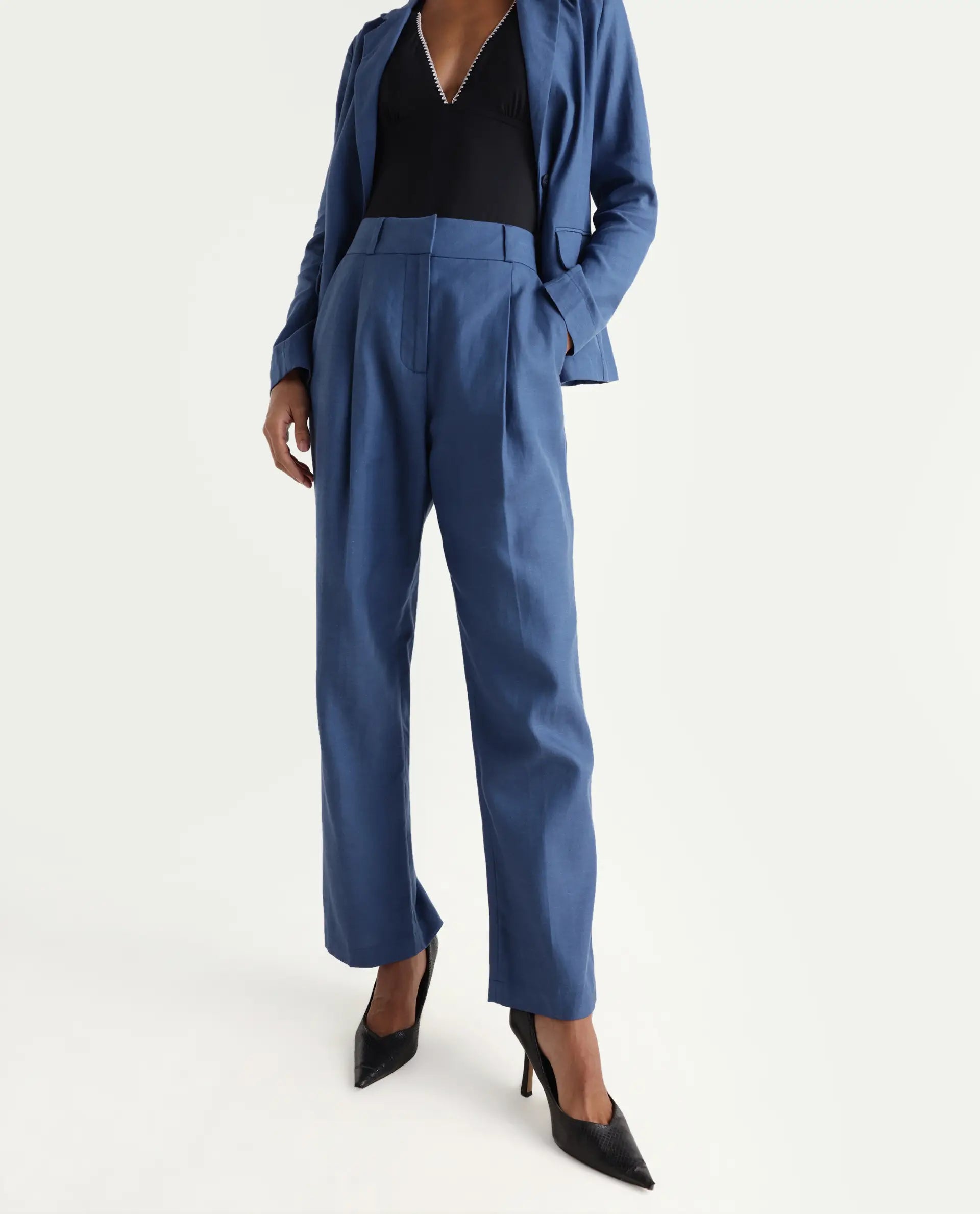 Rareism Women's Linzy-B Blue 100% Linen Straight Plain Trouser