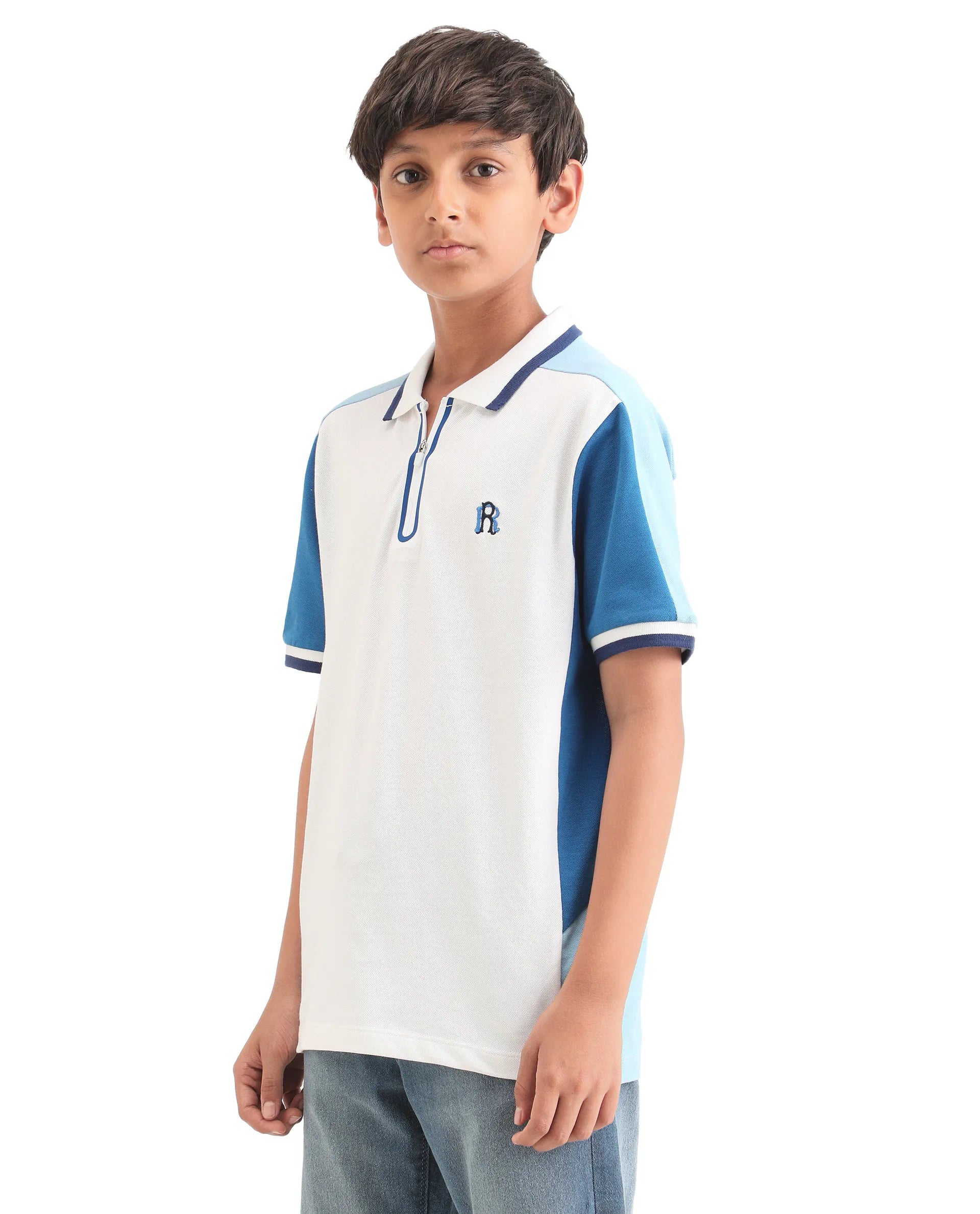 Rare Ones Kids Kiann Off White Cotton Blend Embroidered Zipper Closure Regular Fit Polo