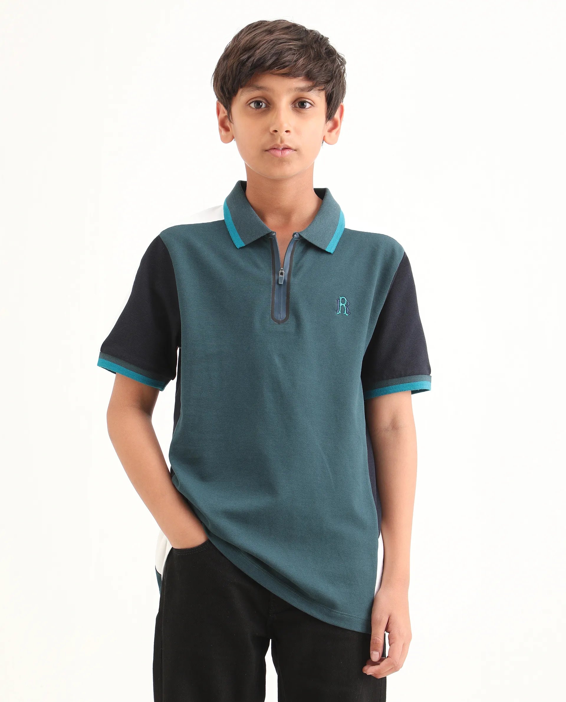 Rare Ones Kids Kiann Green (Teal) Cotton Blend Embroidered Zipper Closure Regular Fit Polo