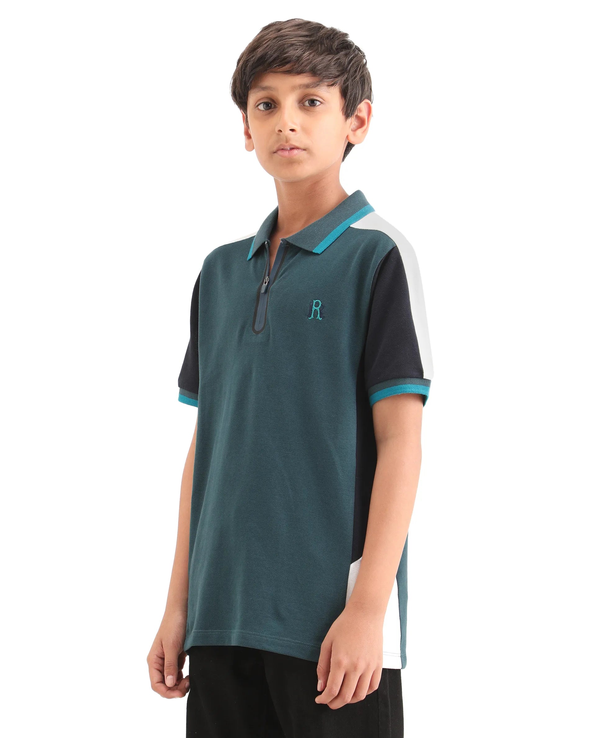 Rare Ones Kids Kiann Green (Teal) Cotton Blend Embroidered Zipper Closure Regular Fit Polo