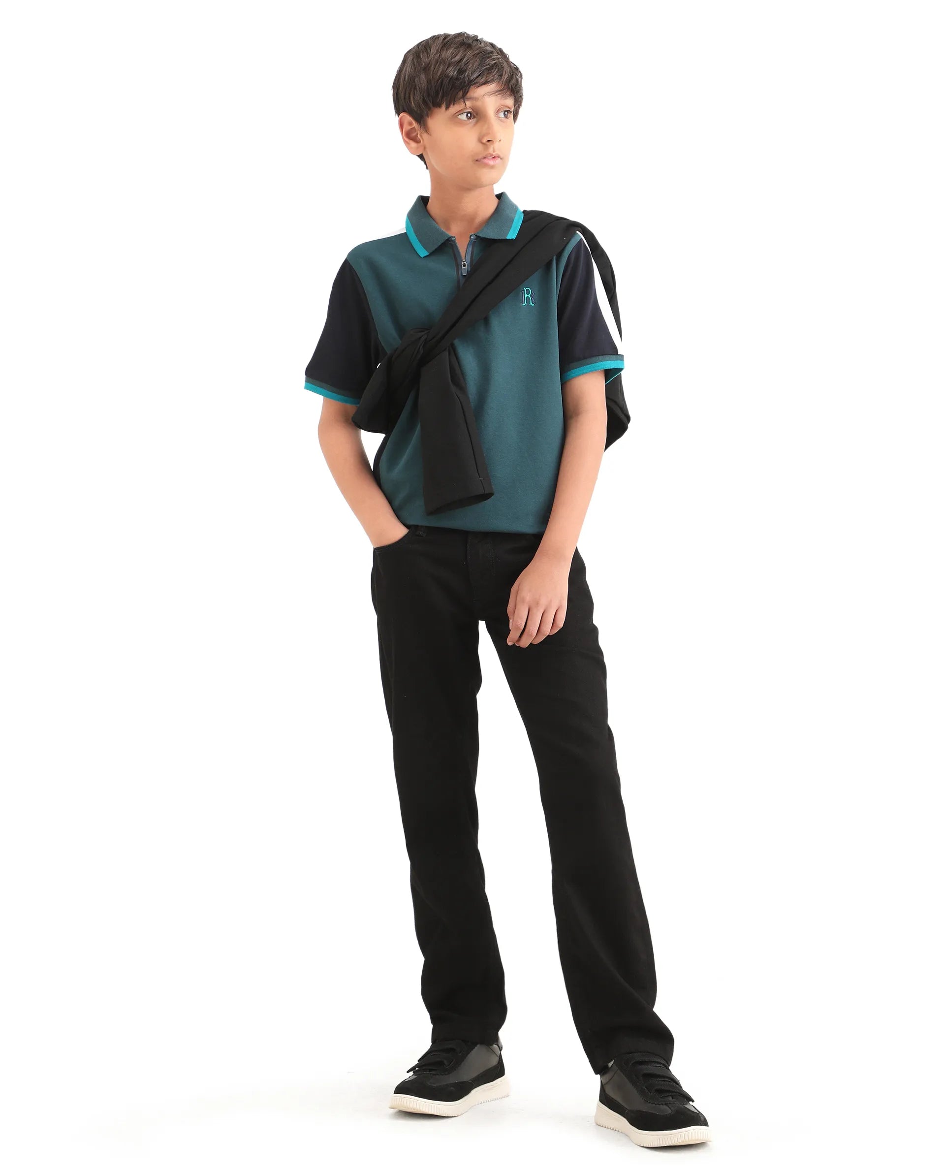 Rare Ones Kids Kiann Green (Teal) Cotton Blend Embroidered Zipper Closure Regular Fit Polo