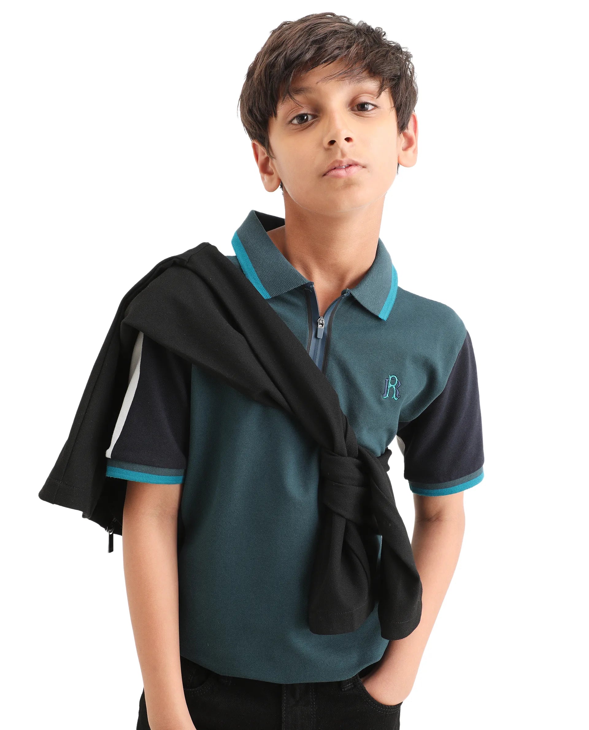 Rare Ones Kids Kiann Green (Teal) Cotton Blend Embroidered Zipper Closure Regular Fit Polo