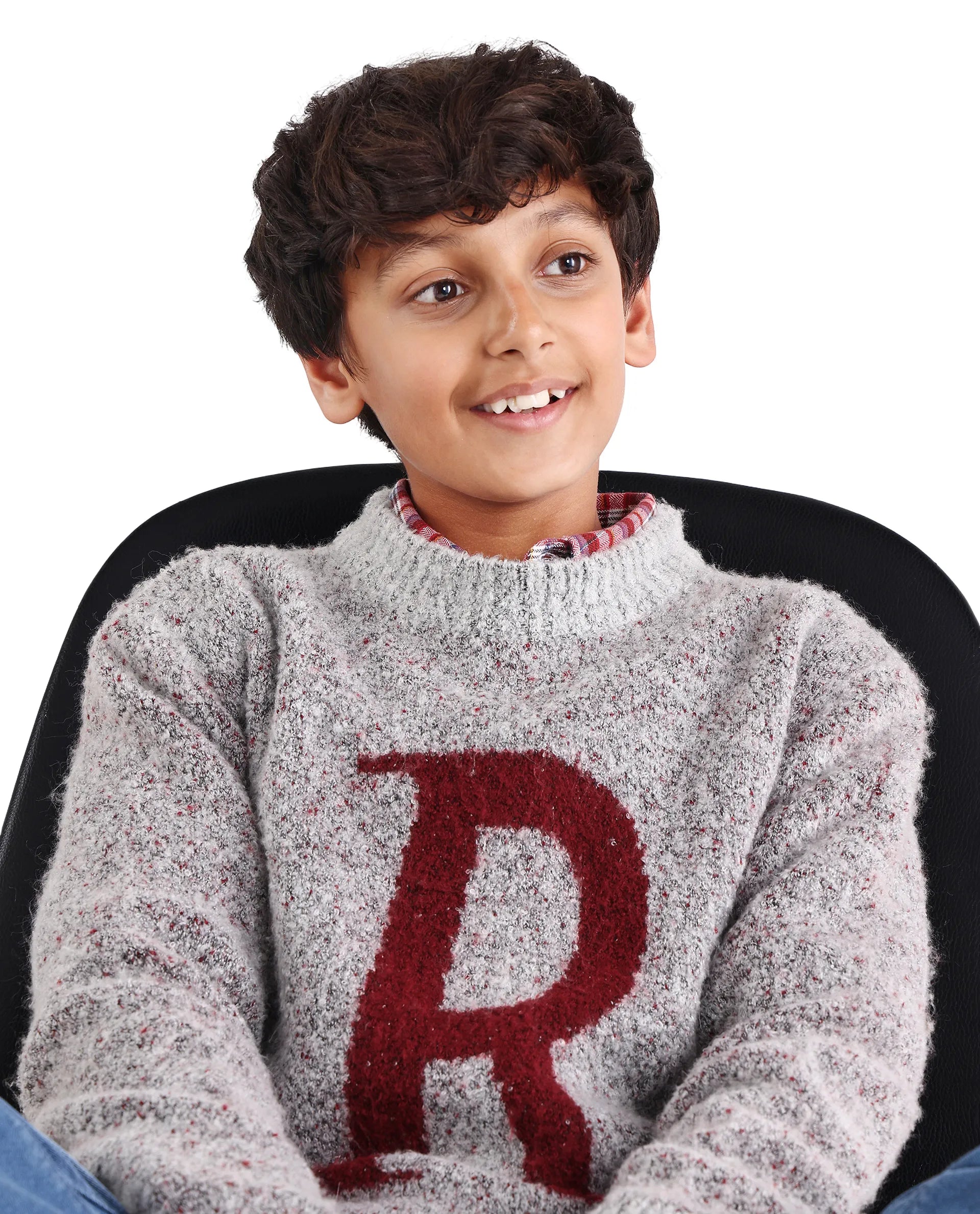 Rare Ones Kids Raz Grey Acrylic Blend Monogram Print Pull On Closure Regular Fit Sweater