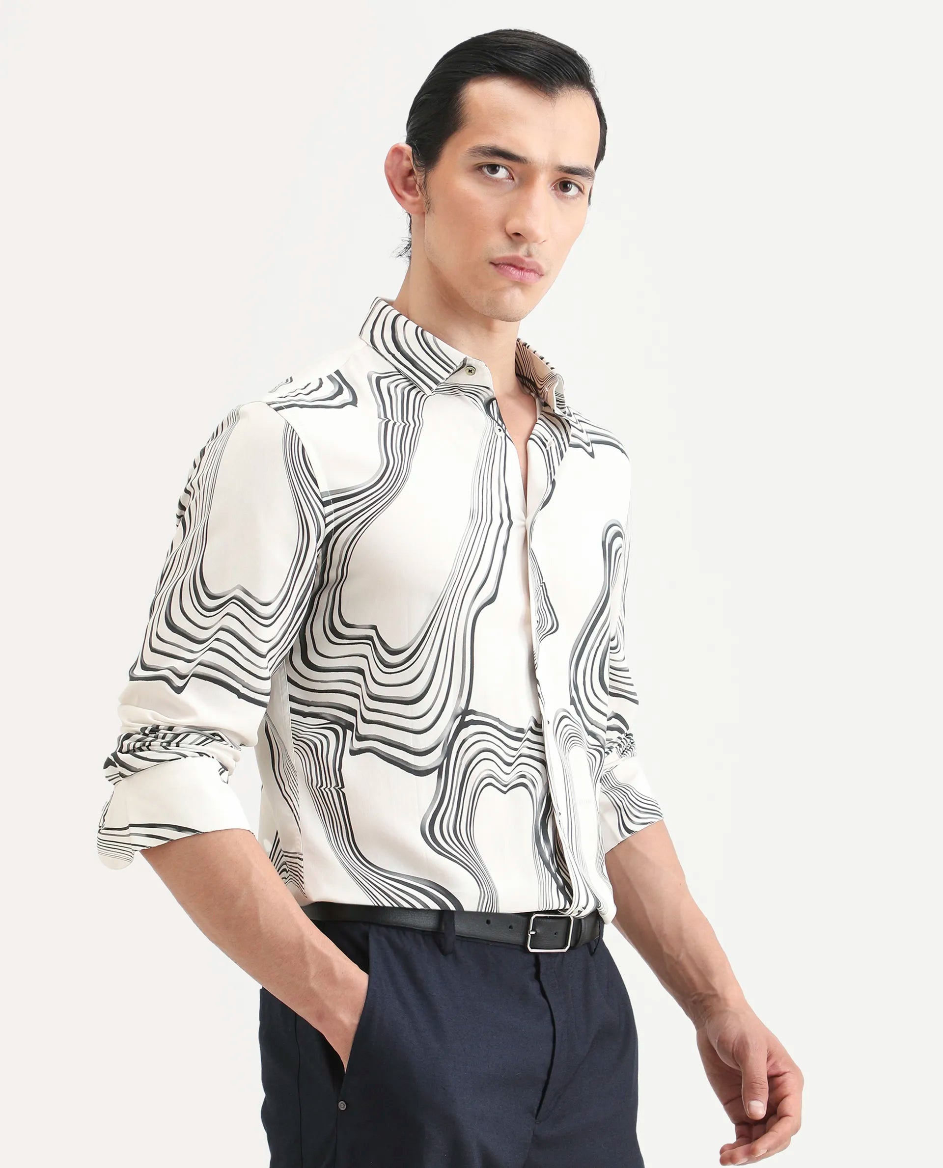 Rare Rabbit Men's Wira White Viscose Abstract Print Regular Fit Full Sleeve Collared Shirt