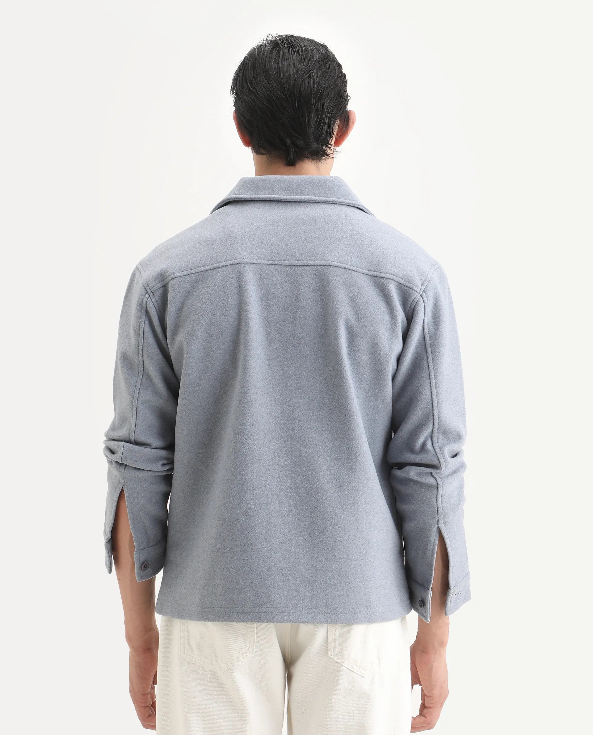 Rare Rabbit Men's Bensko Dusky Blue Polyester Fabric Spread Collar Regular Fit Plain Jacket