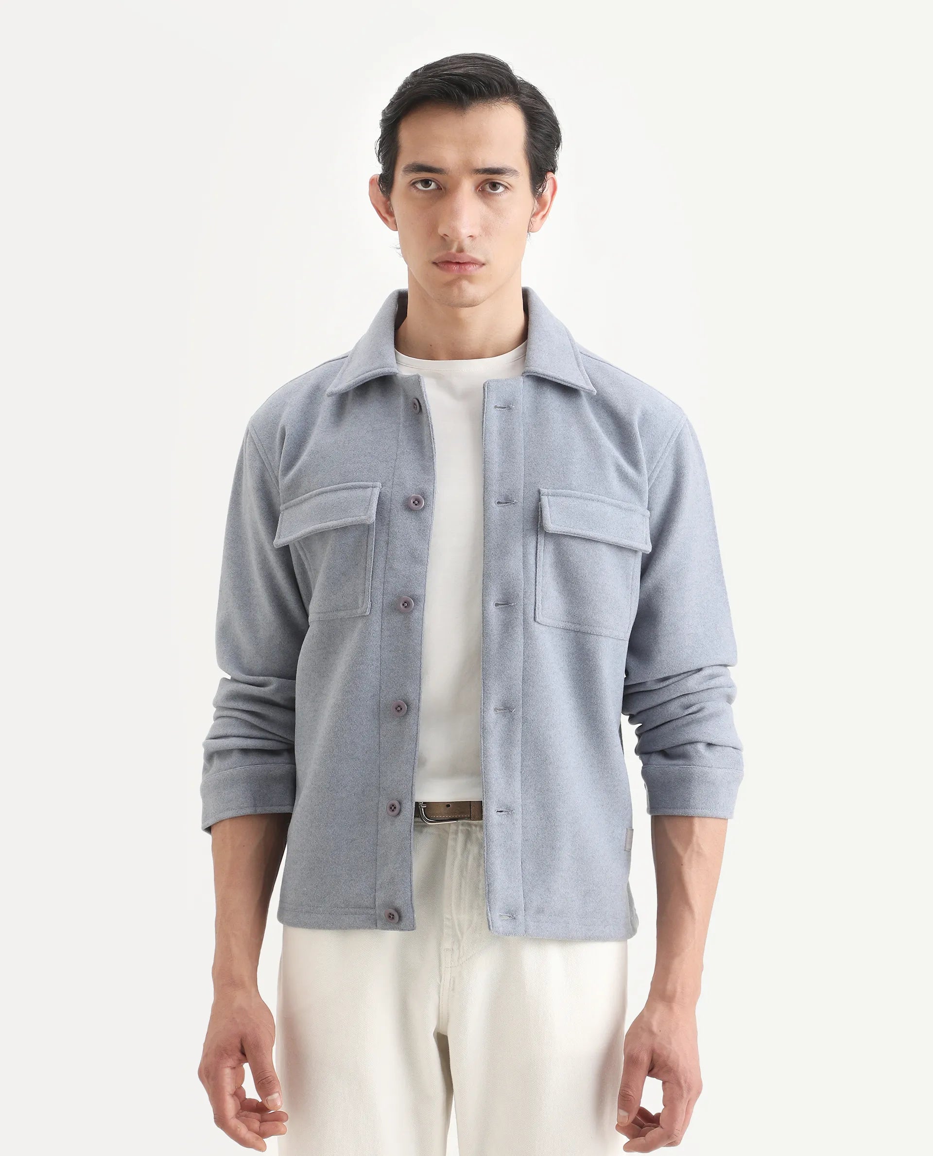 Rare Rabbit Men's Bensko Dusky Blue Polyester Fabric Spread Collar Regular Fit Plain Jacket