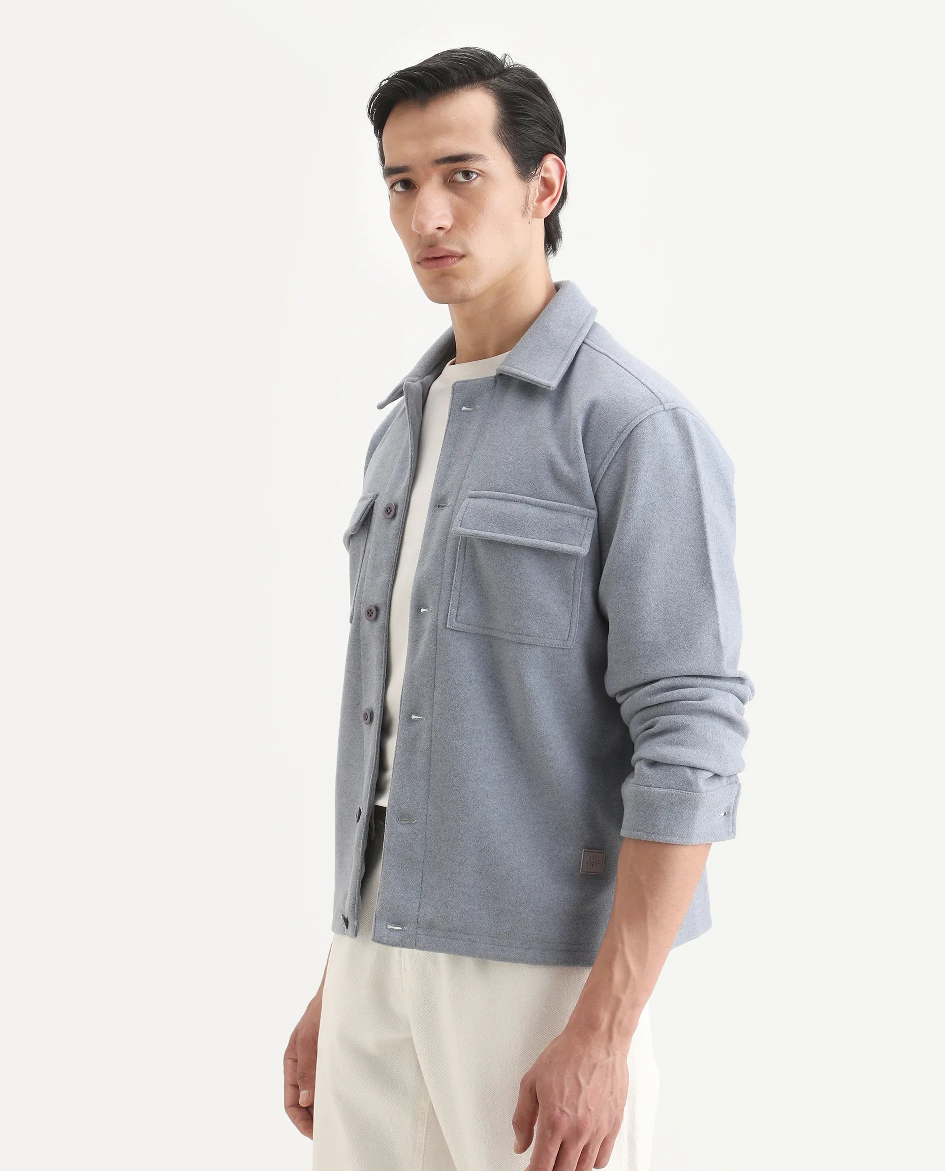 Rare Rabbit Men's Bensko Dusky Blue Polyester Fabric Spread Collar Regular Fit Plain Jacket