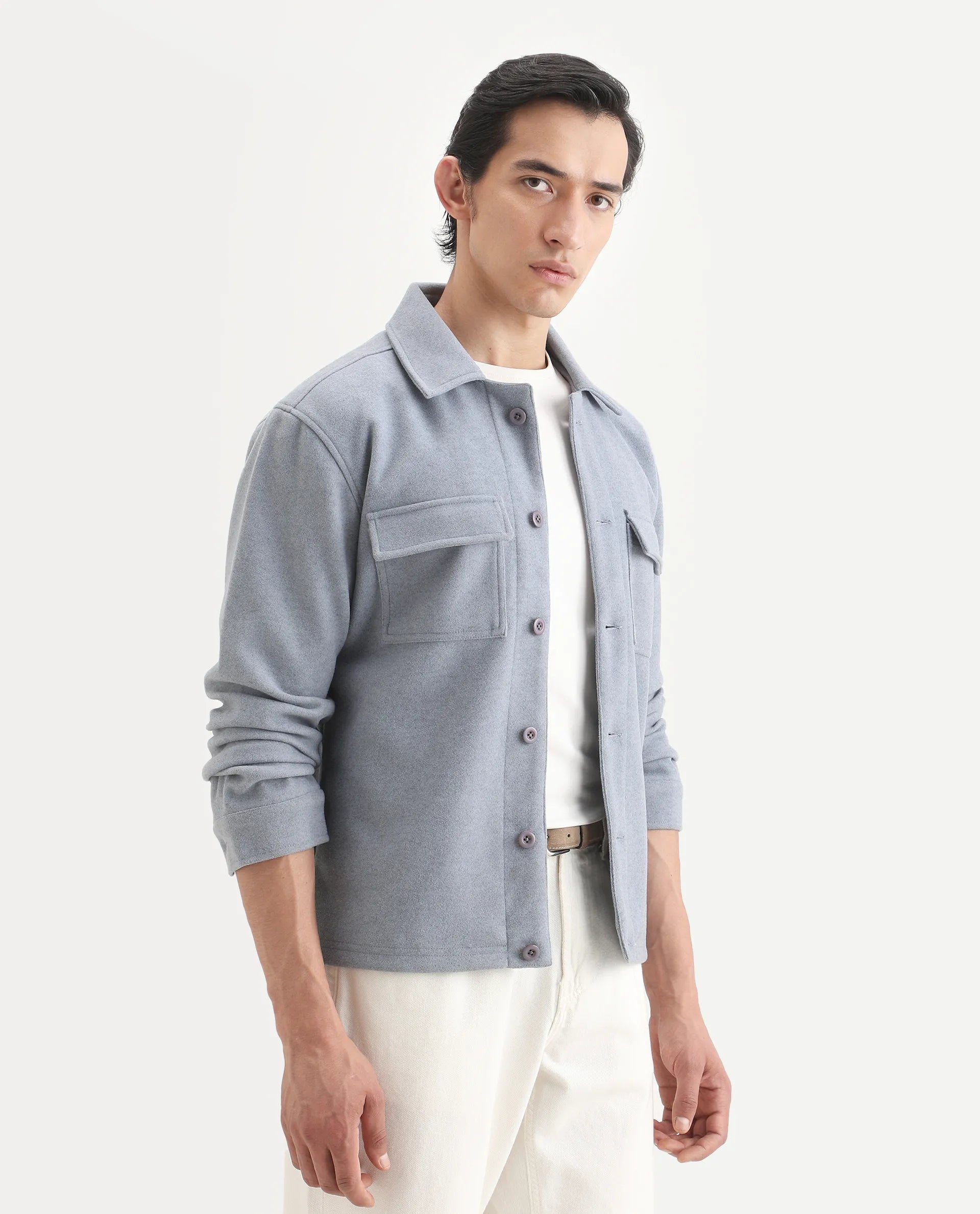 Rare Rabbit Men's Bensko Dusky Blue Polyester Fabric Spread Collar Regular Fit Plain Jacket