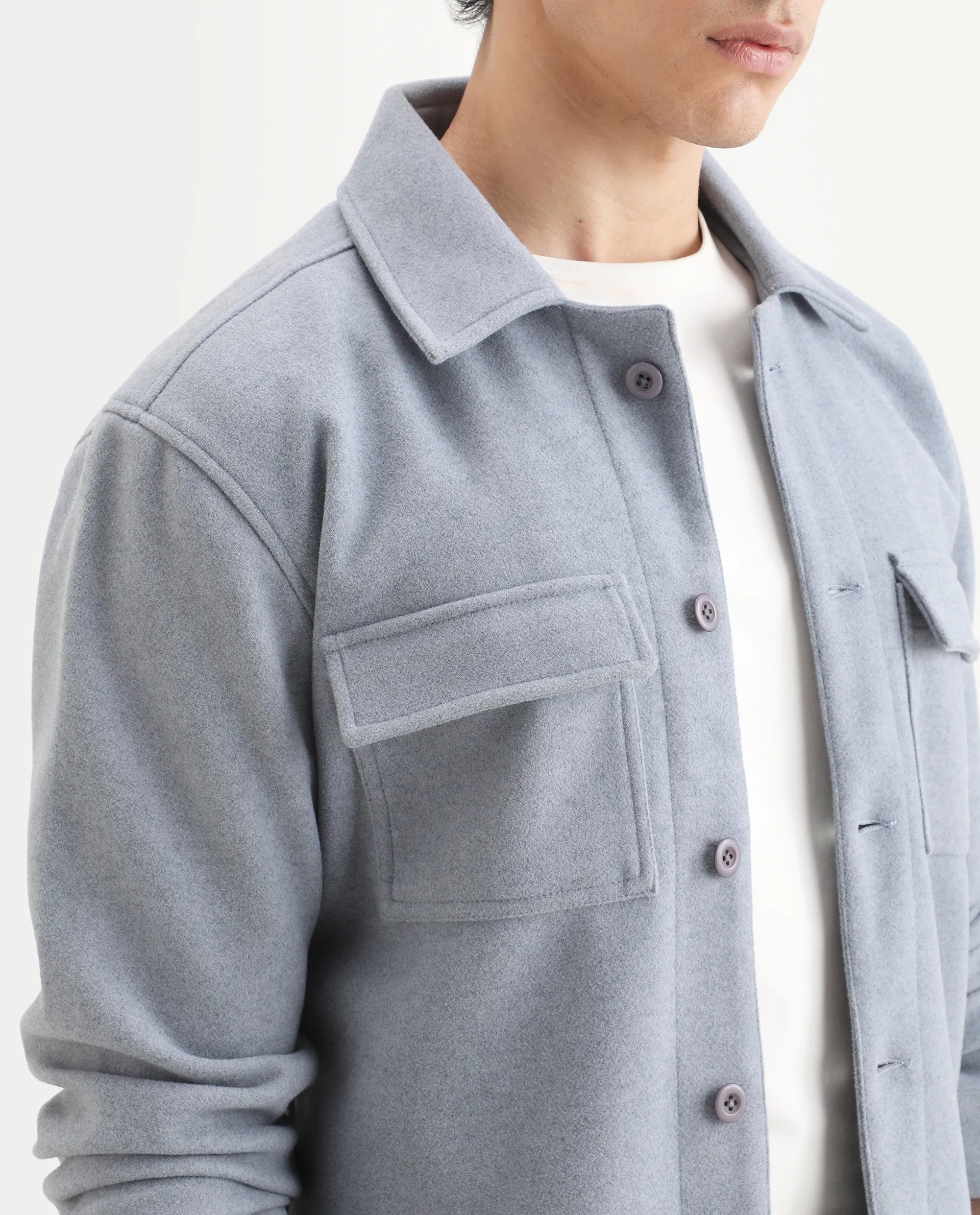 Rare Rabbit Men's Bensko Dusky Blue Polyester Fabric Spread Collar Regular Fit Plain Jacket