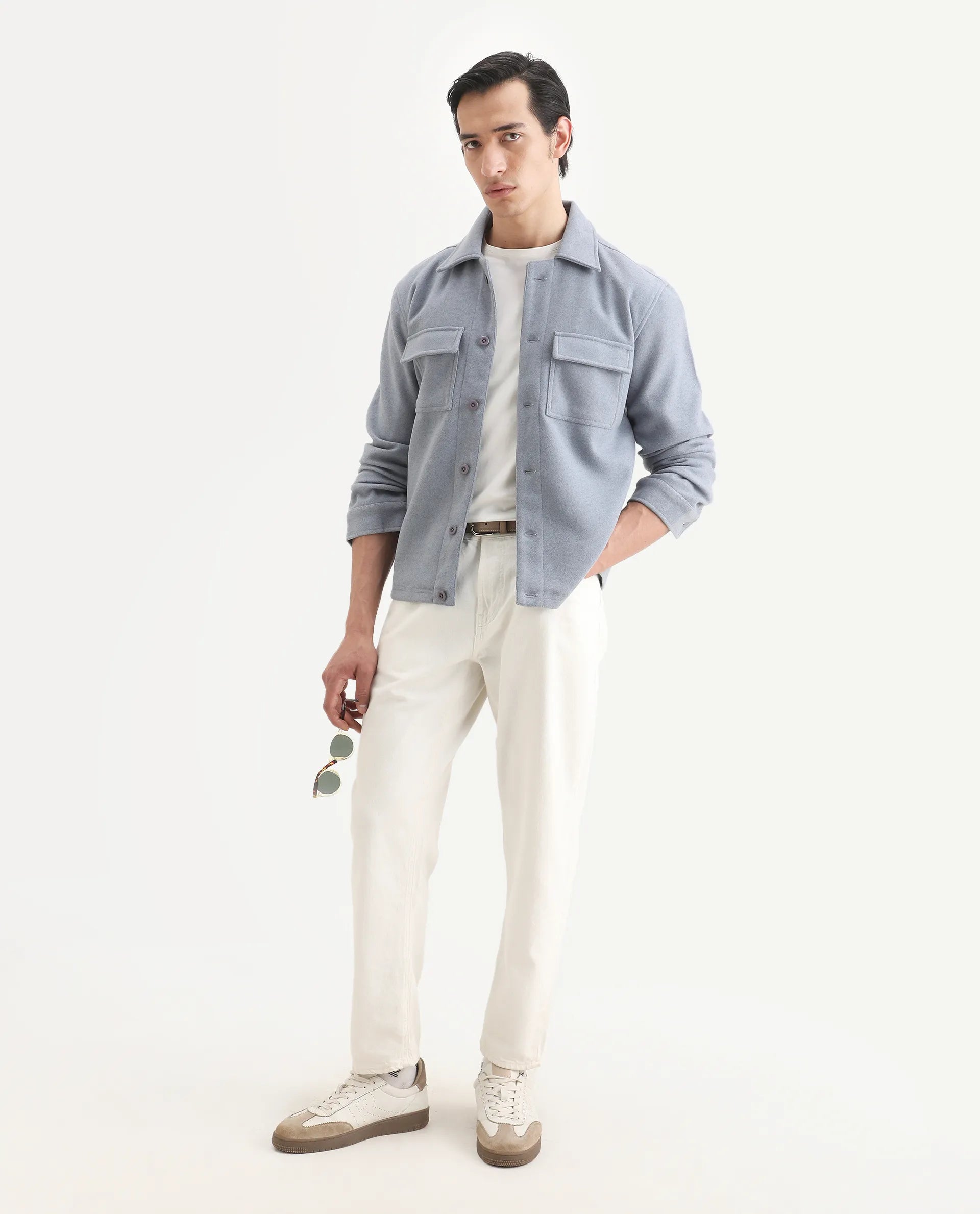 Rare Rabbit Men's Bensko Dusky Blue Polyester Fabric Spread Collar Regular Fit Plain Jacket