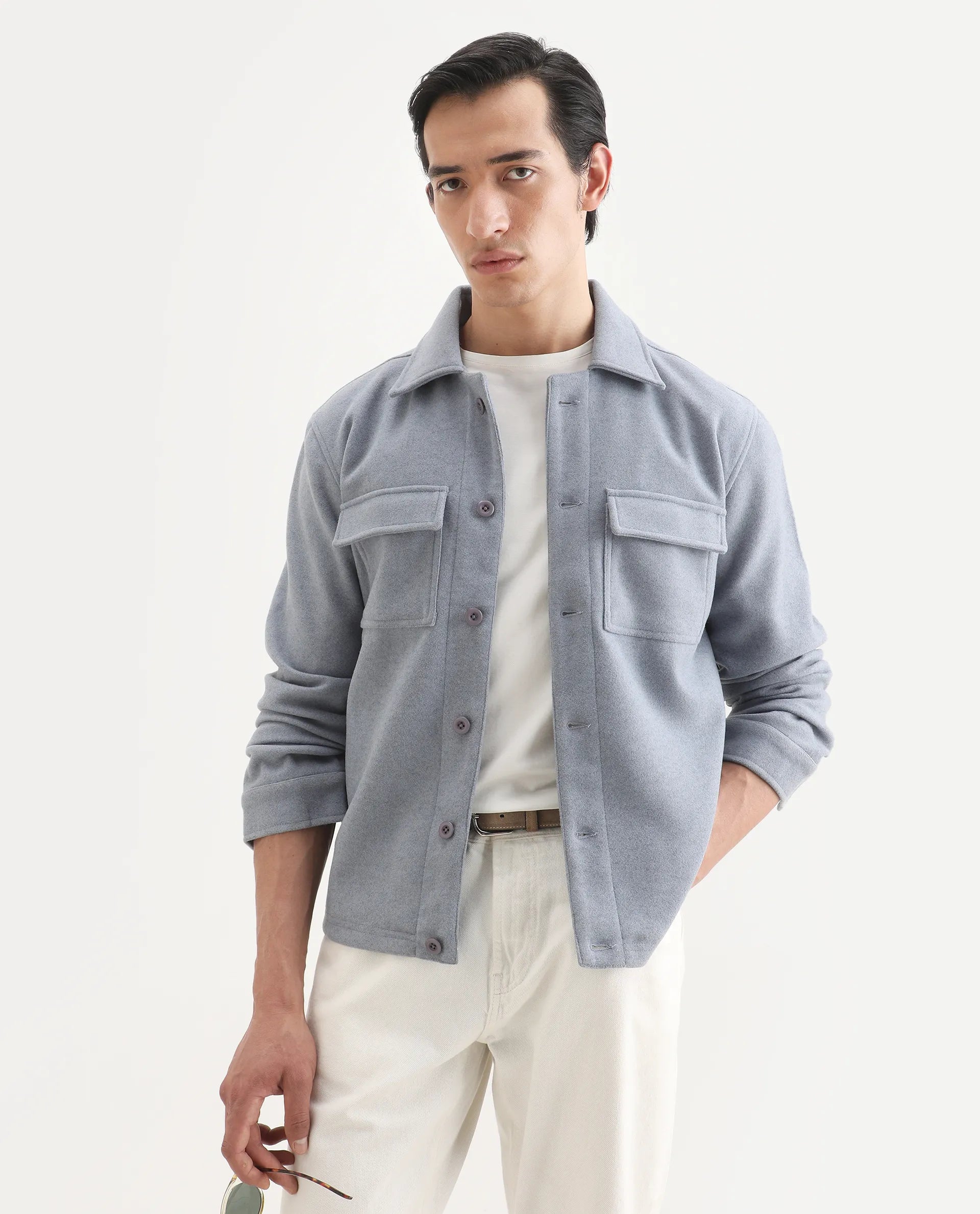 Rare Rabbit Men's Bensko Dusky Blue Polyester Fabric Spread Collar Regular Fit Plain Jacket