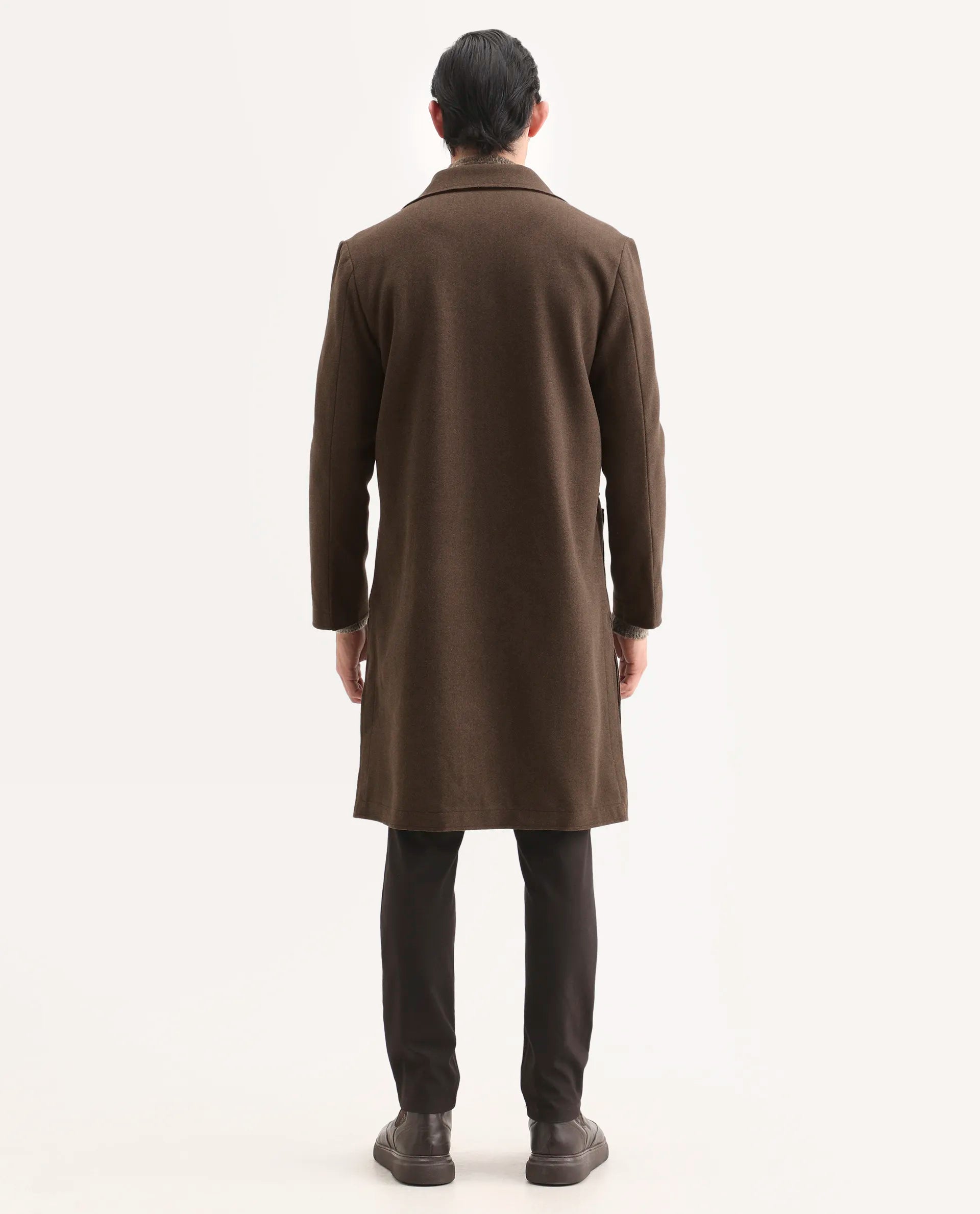 Rare Rabbit Men's Nemot Dark Brown Polyester Fabric Lapel Neck Regular Plain Coat