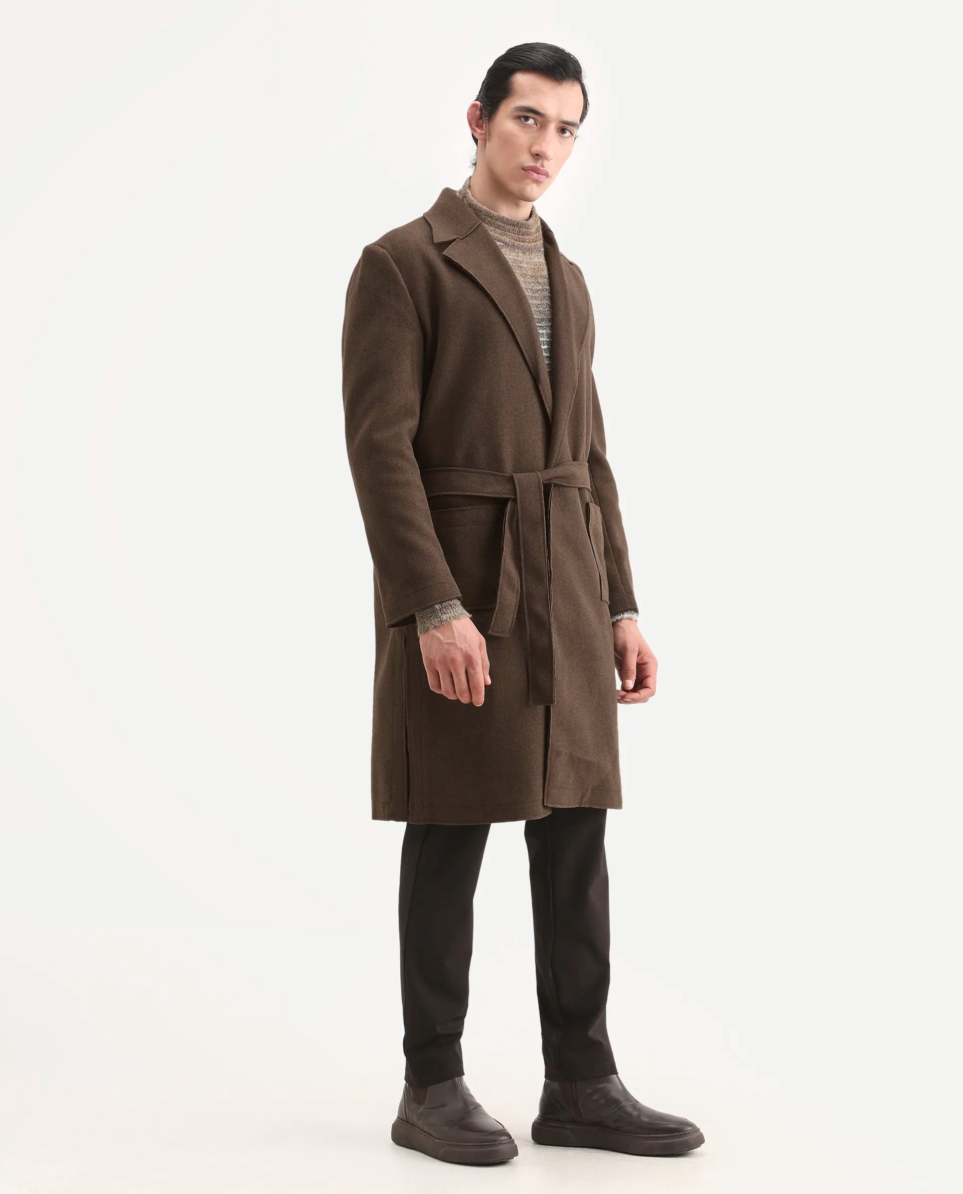 Rare Rabbit Men's Nemot Dark Brown Polyester Fabric Lapel Neck Regular Plain Coat