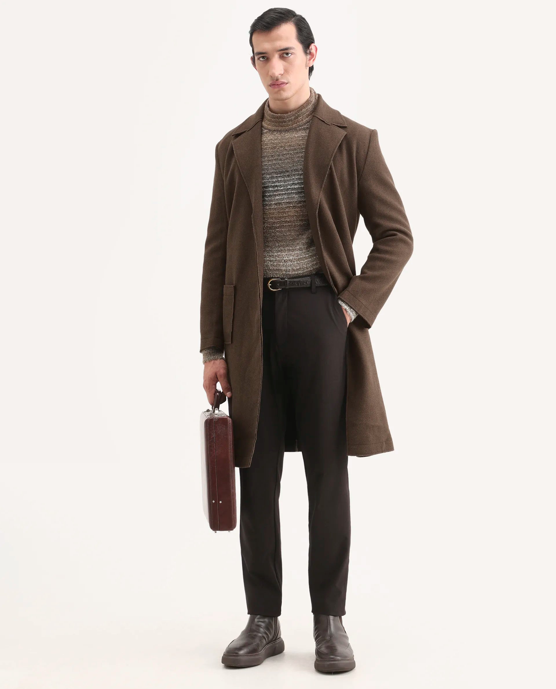 Rare Rabbit Men's Nemot Dark Brown Polyester Fabric Lapel Neck Regular Plain Coat