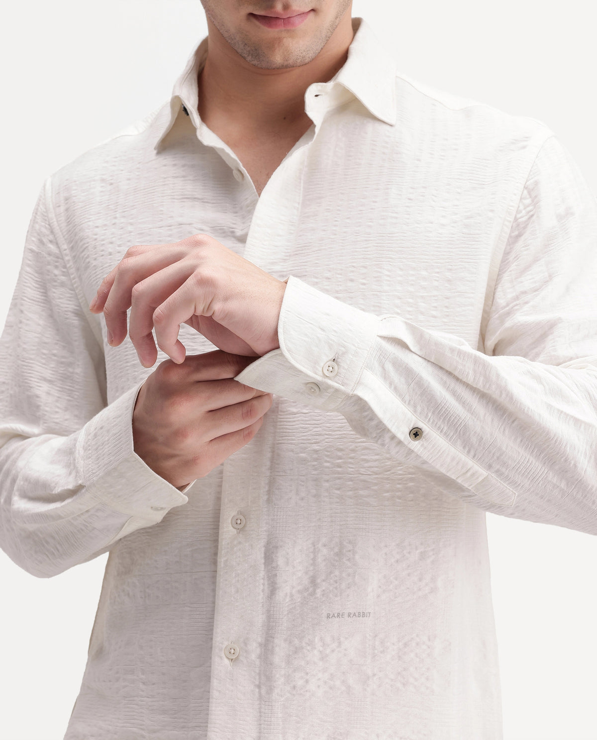 Rare Rabbit Men's Vaxo Off White Viscose Blend Checked Print Regular Fit Full Sleeve Collared Shirt