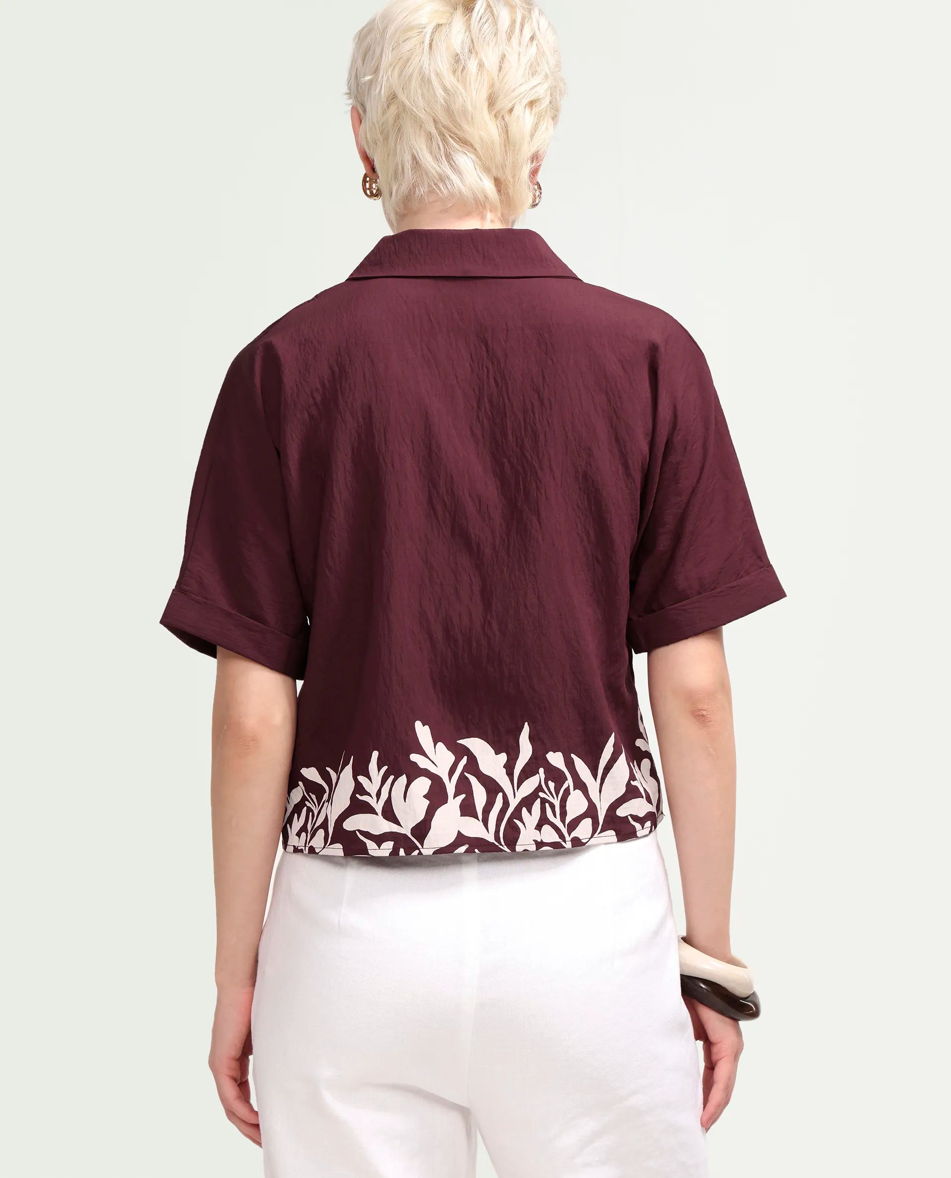 Rareism Women's Marlap Maroon Nylon Blend Half Sleeve Lapel Neck Regular Fit Abstract Print Top