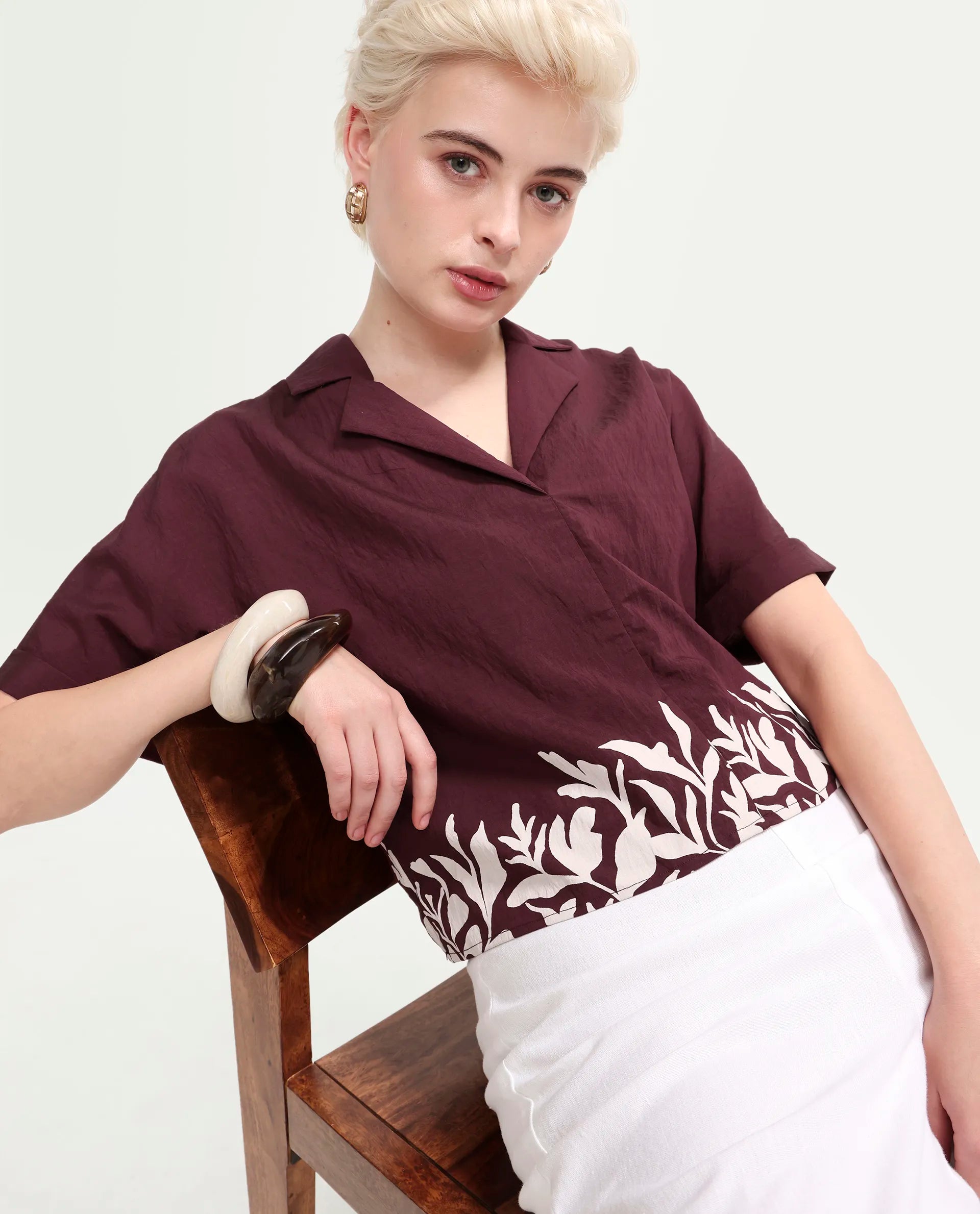 Rareism Women's Marlap Maroon Nylon Blend Half Sleeve Lapel Neck Regular Fit Abstract Print Top