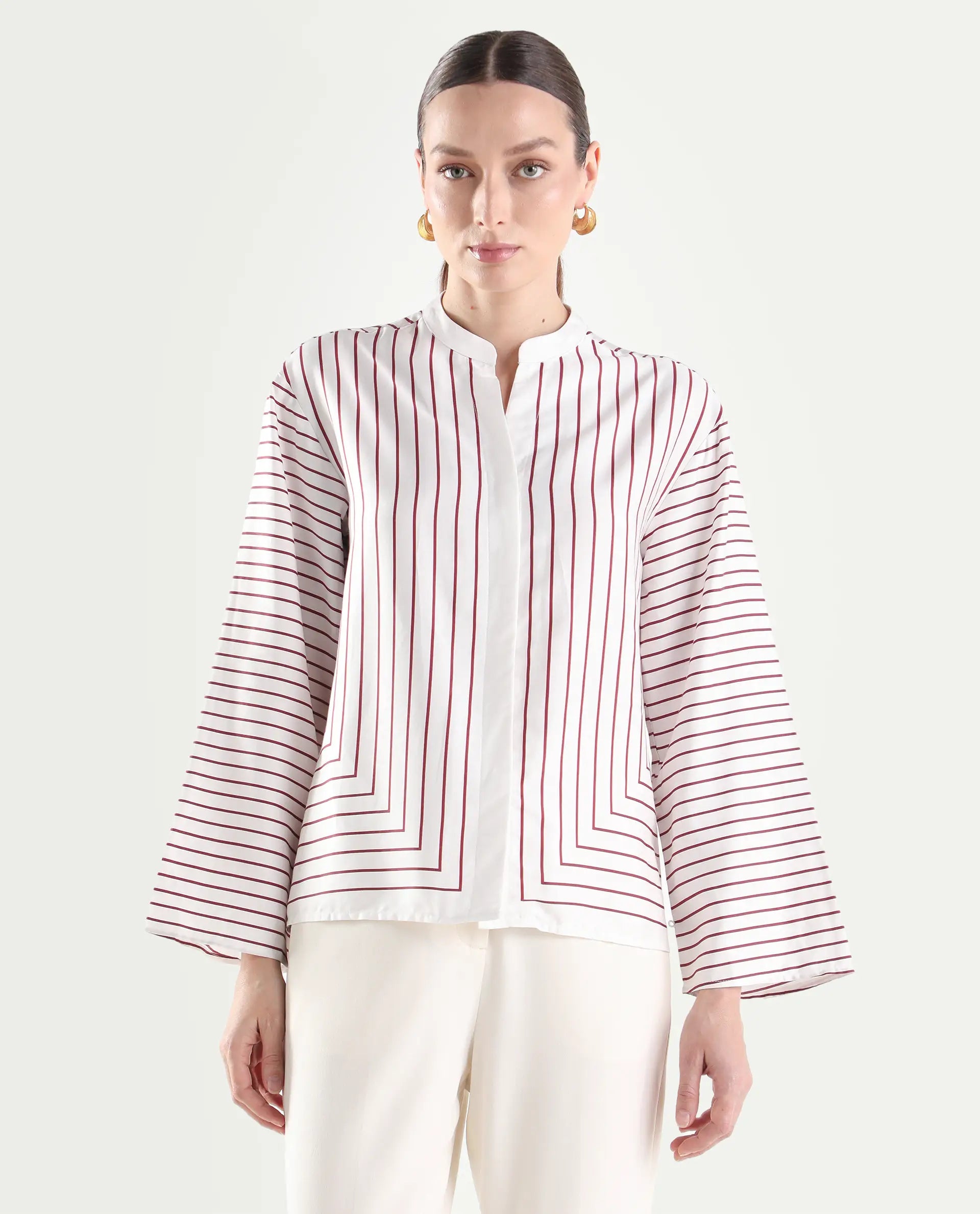 Rareism Women's Janlopo Red Cotton Blend Full Sleeve Mandarin Collar Relaxed Fit Striped Top