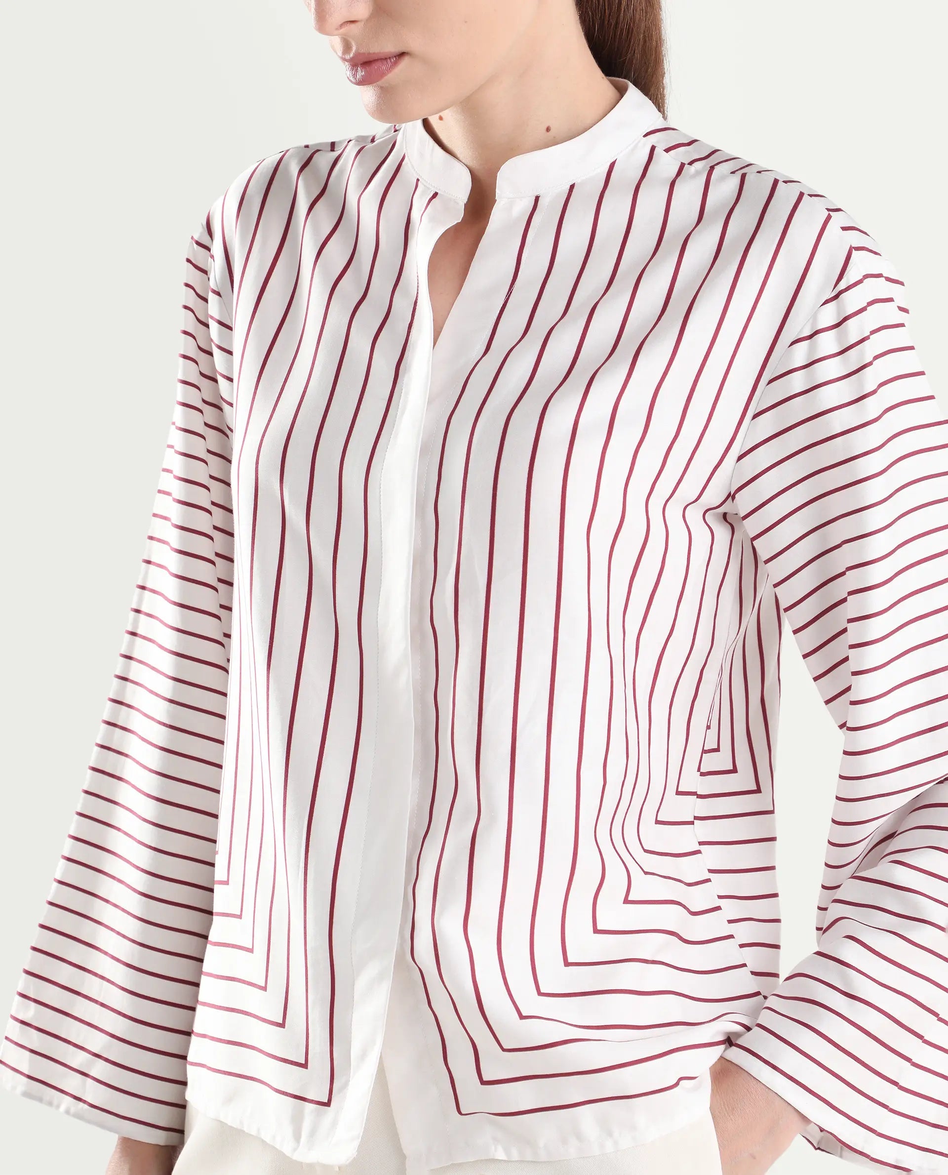 Rareism Women's Janlopo Red Cotton Blend Full Sleeve Mandarin Collar Relaxed Fit Striped Top