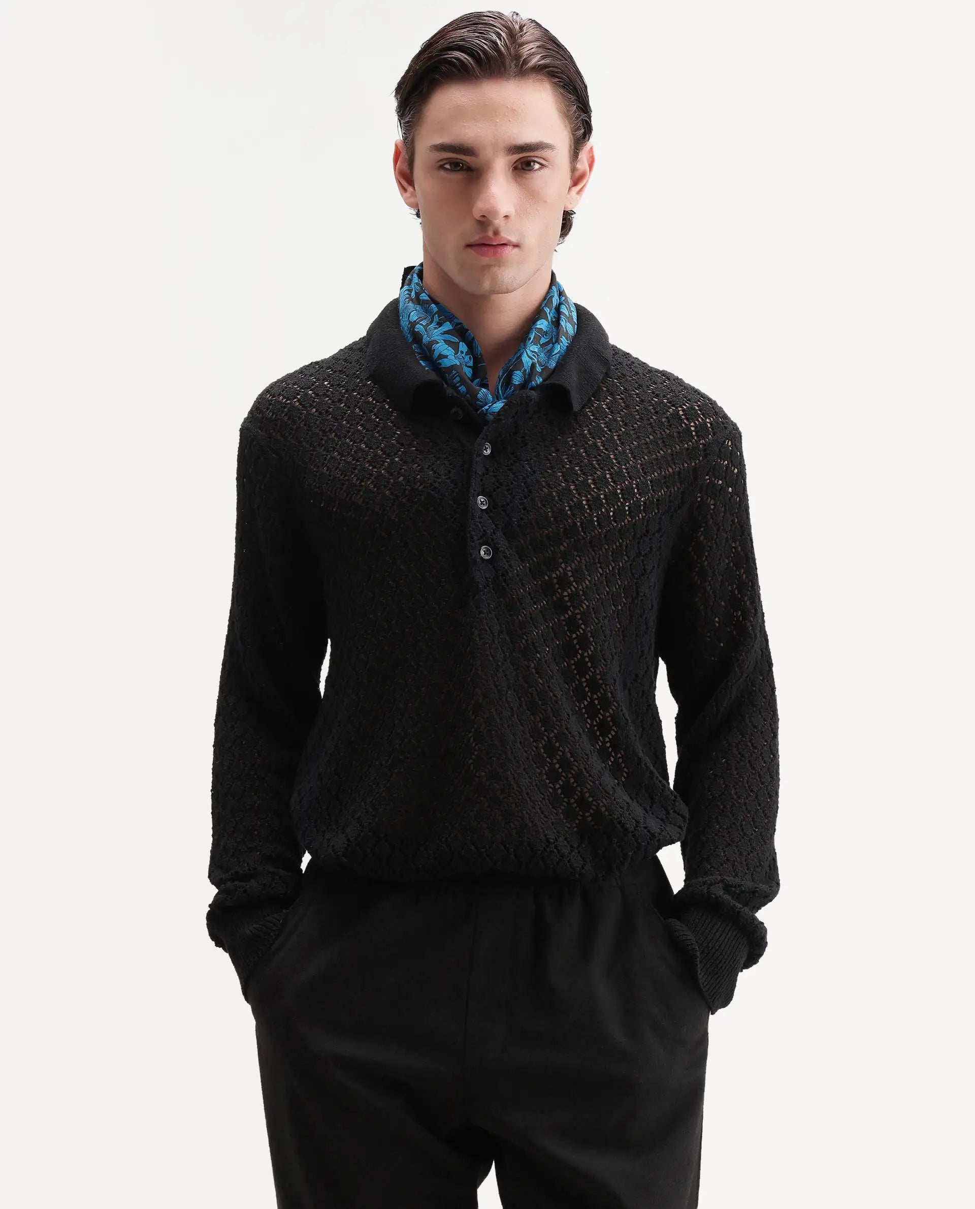 Rare Rabbit Men's Ocon Black Cotton Blend Fabric Collared Neck Regular Fit Geometric Print Polo