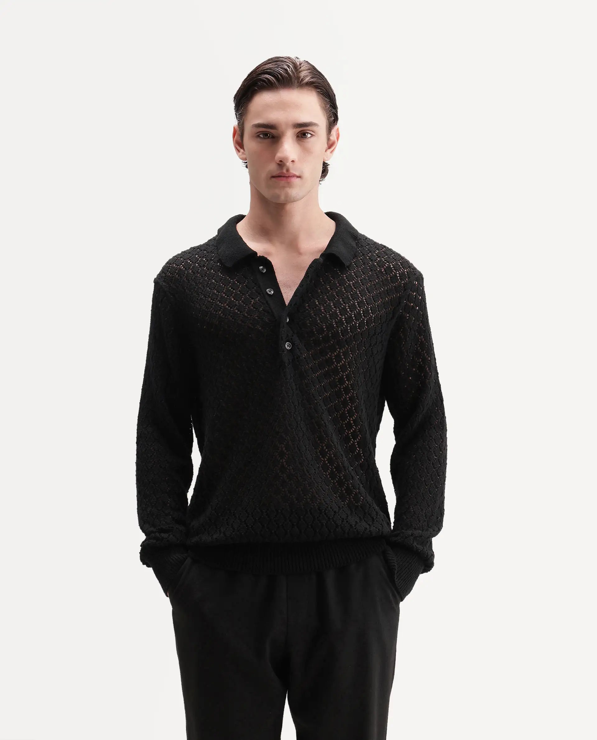 Rare Rabbit Men's Ocon Black Cotton Blend Fabric Collared Neck Regular Fit Geometric Print Polo