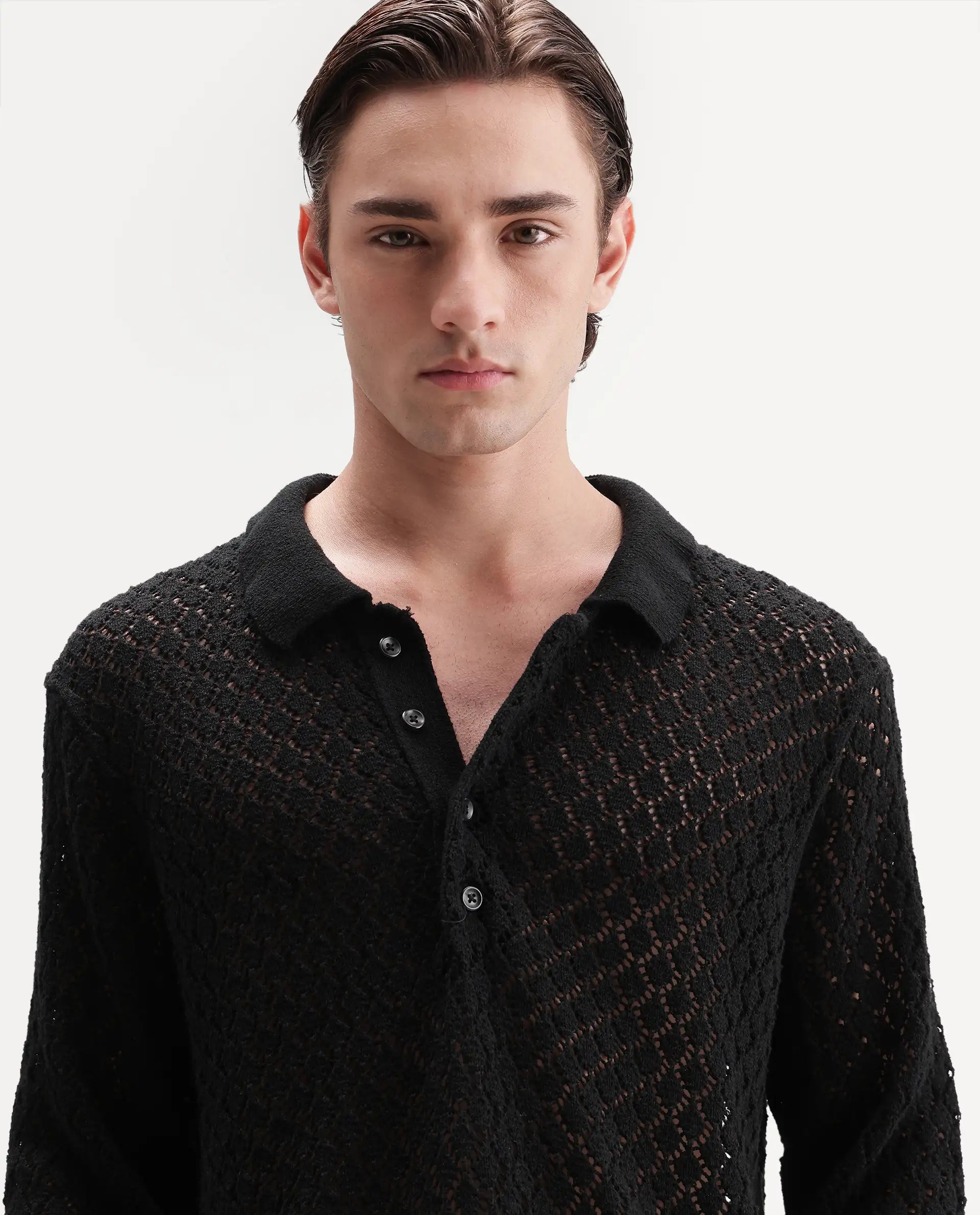 Rare Rabbit Men's Ocon Black Cotton Blend Fabric Collared Neck Regular Fit Geometric Print Polo