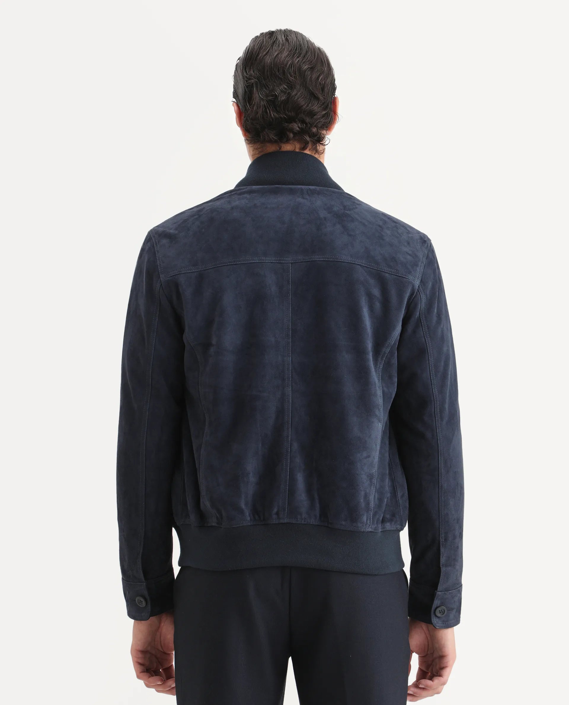 Rare Rabbit Men's Byron Navy Leather Fabric High Neck Ribbed Collar Regular Fit Plain Jacket