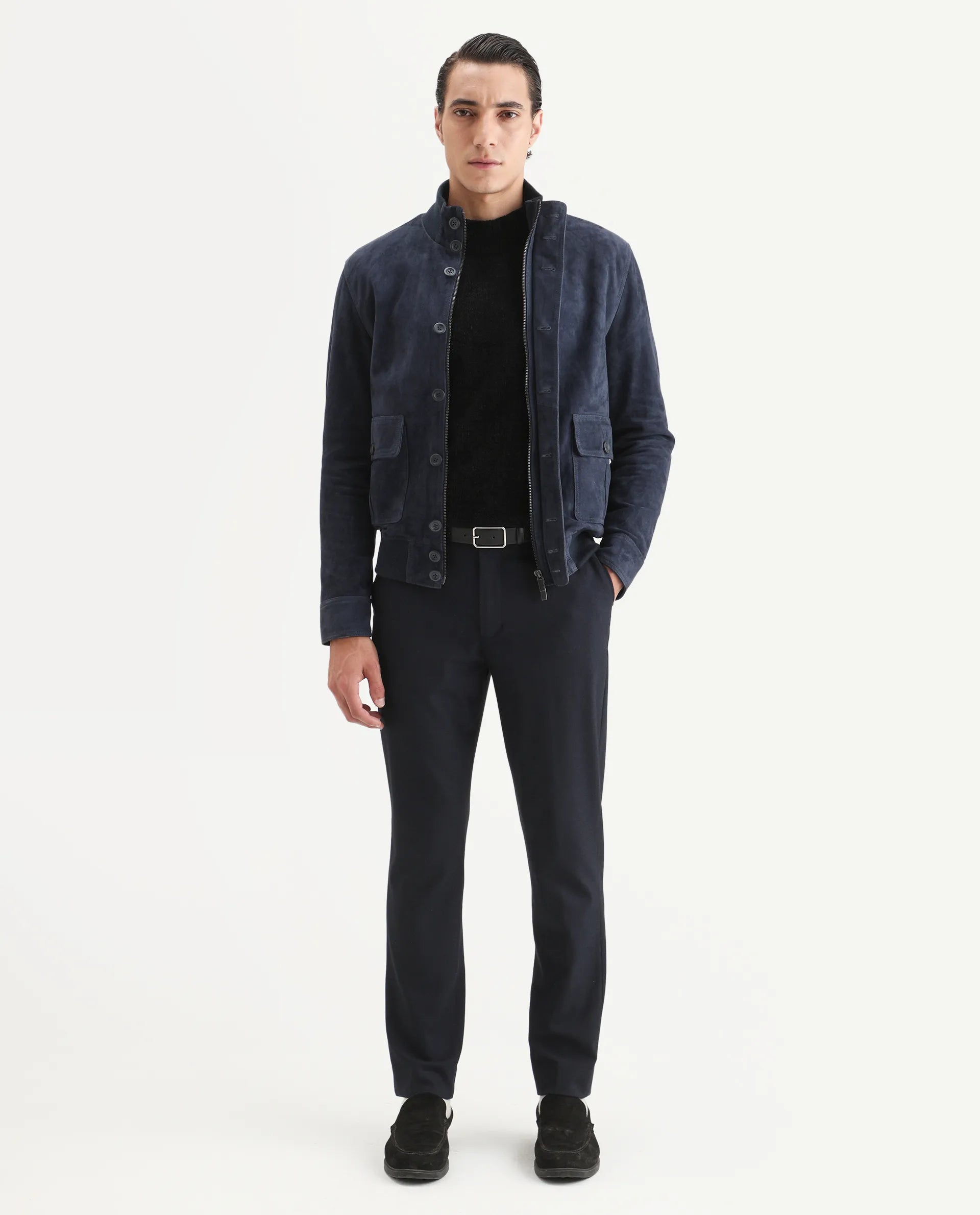 Rare Rabbit Men's Byron Navy Leather Fabric High Neck Ribbed Collar Regular Fit Plain Jacket