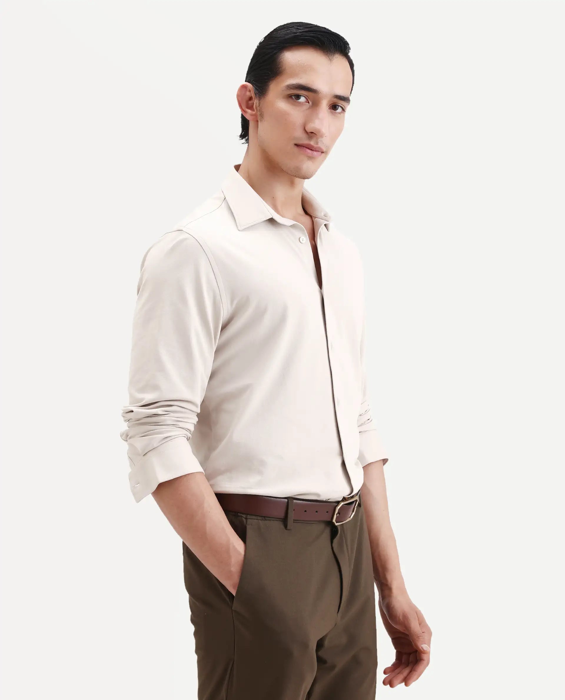 Rare Rabbit Men's Tour-25 Beige Cotton Polyester Elastane Fabric Full Sleeve Collared Collar Button Closure Plain Knitted Formal Shirt