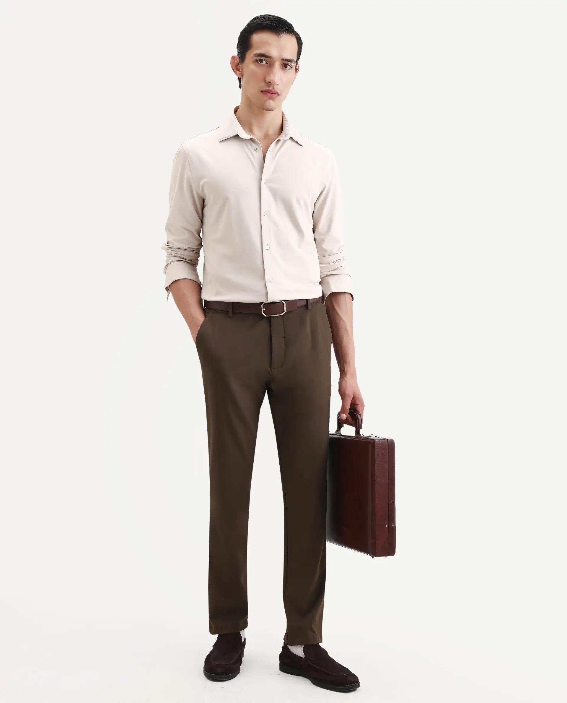 Rare Rabbit Men's Tour-25 Beige Cotton Polyester Elastane Fabric Full Sleeve Collared Collar Button Closure Plain Knitted Formal Shirt