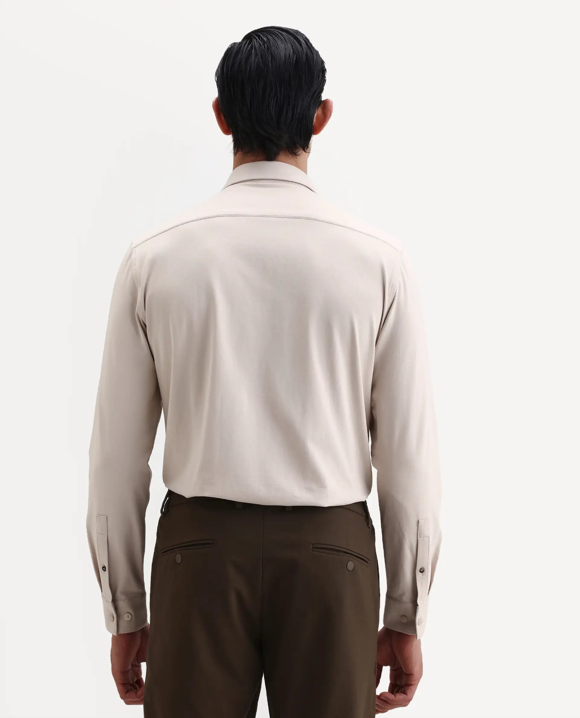 Rare Rabbit Men's Tour-25 Beige Cotton Polyester Elastane Fabric Full Sleeve Collared Collar Button Closure Plain Knitted Formal Shirt