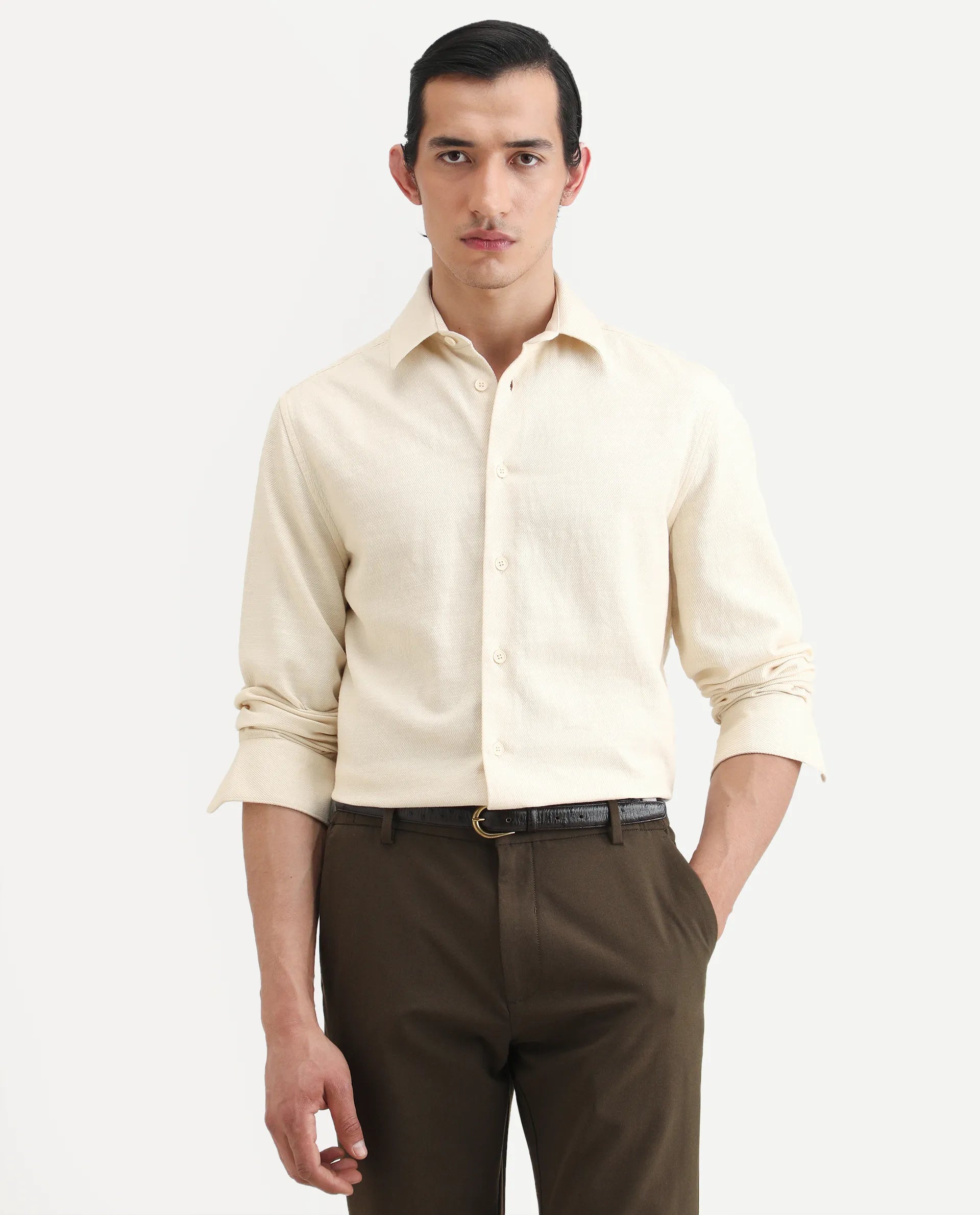 Rare Rabbit Men's Berk-Fs Off White Cotton Fabric Full Sleeve Regular Fit Plain Shirt
