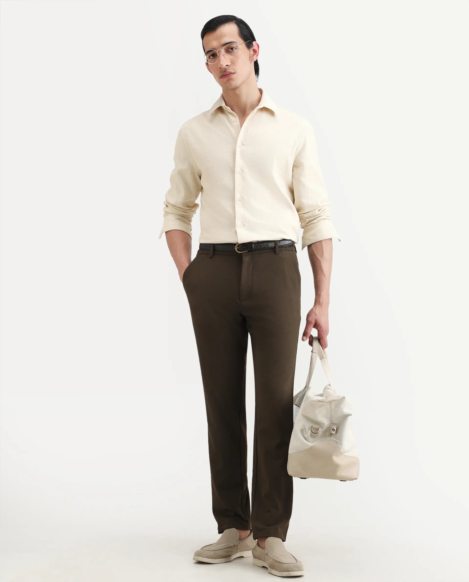 Rare Rabbit Men's Berk-Fs Off White Cotton Fabric Full Sleeve Regular Fit Plain Shirt