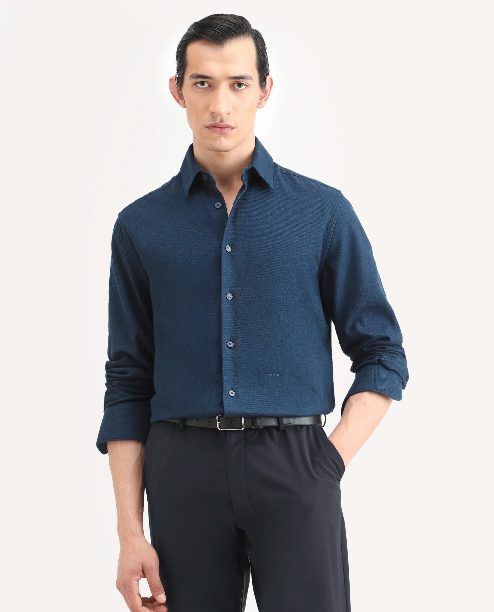 Rare Rabbit Men's Berk-Fs Navy Cotton Fabric Full Sleeve Regular Fit Plain Shirt