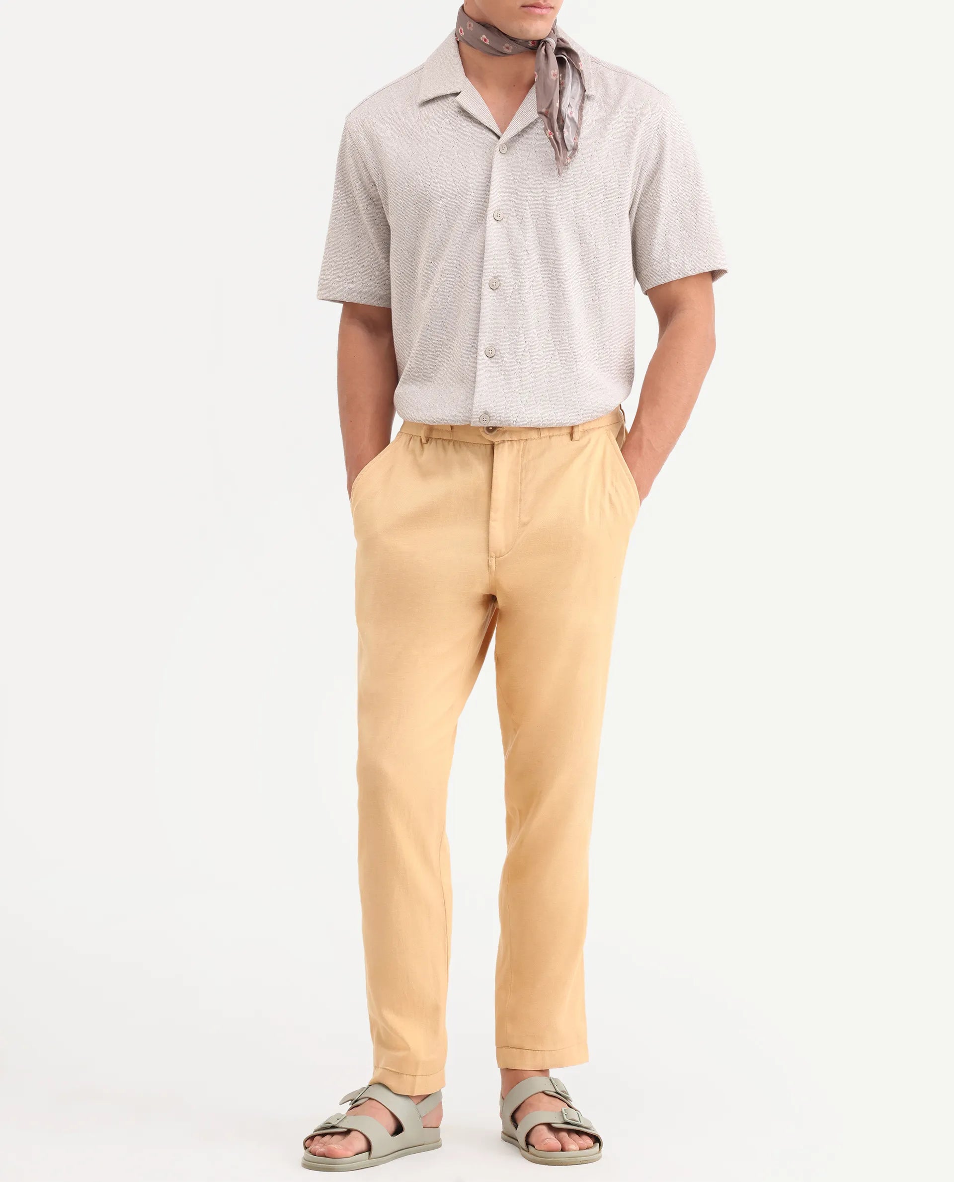 Rare Rabbit Men's Linol-T Yellow Linen Blend Fabric Regular Fit Drawstring Plain Trouser