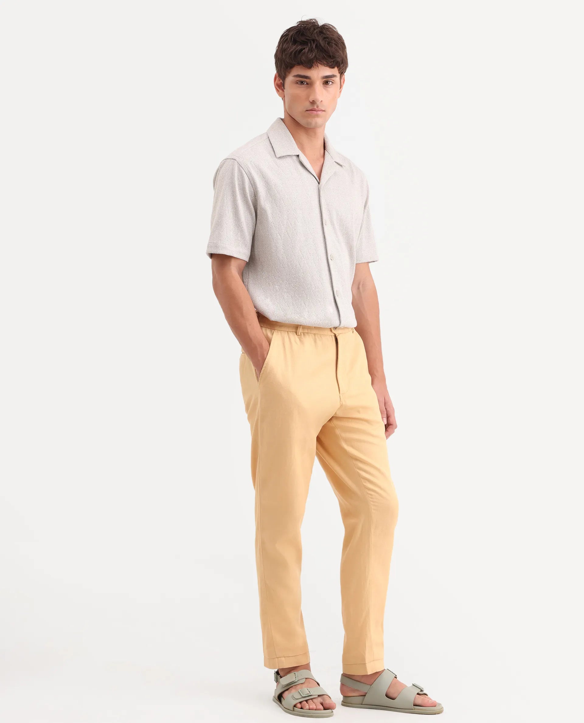 Rare Rabbit Men's Linol-T Yellow Linen Blend Fabric Regular Fit Drawstring Plain Trouser