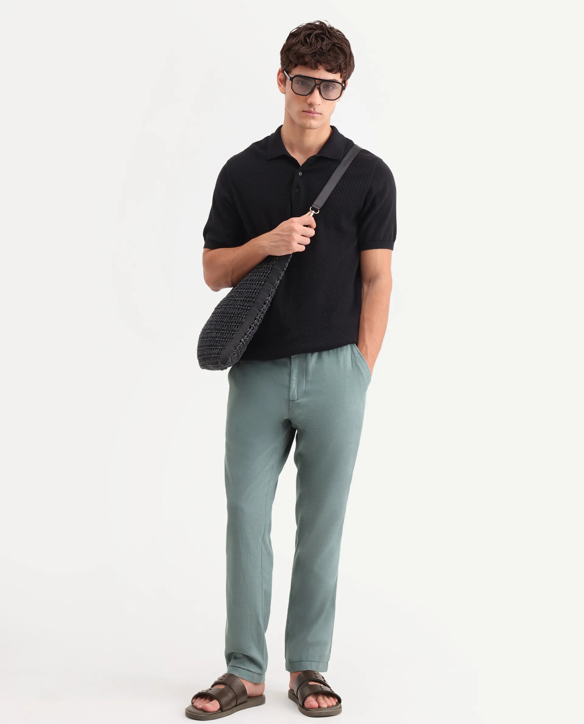 Rare Rabbit Men's Linol-T Dusky Green Linen Blend Fabric Regular Fit Drawstring Plain Trouser