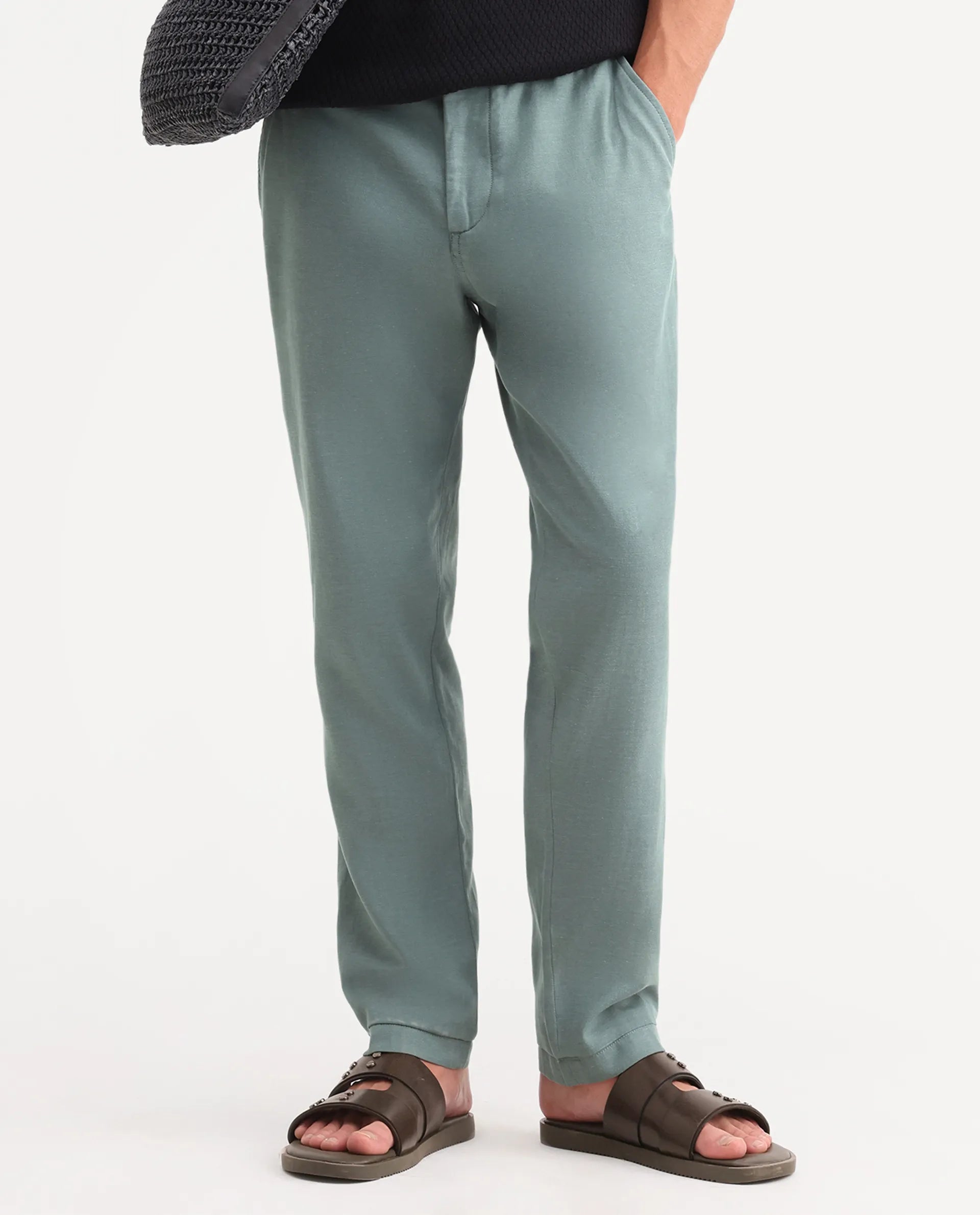 Rare Rabbit Men's Linol-T Dusky Green Linen Blend Fabric Regular Fit Drawstring Plain Trouser