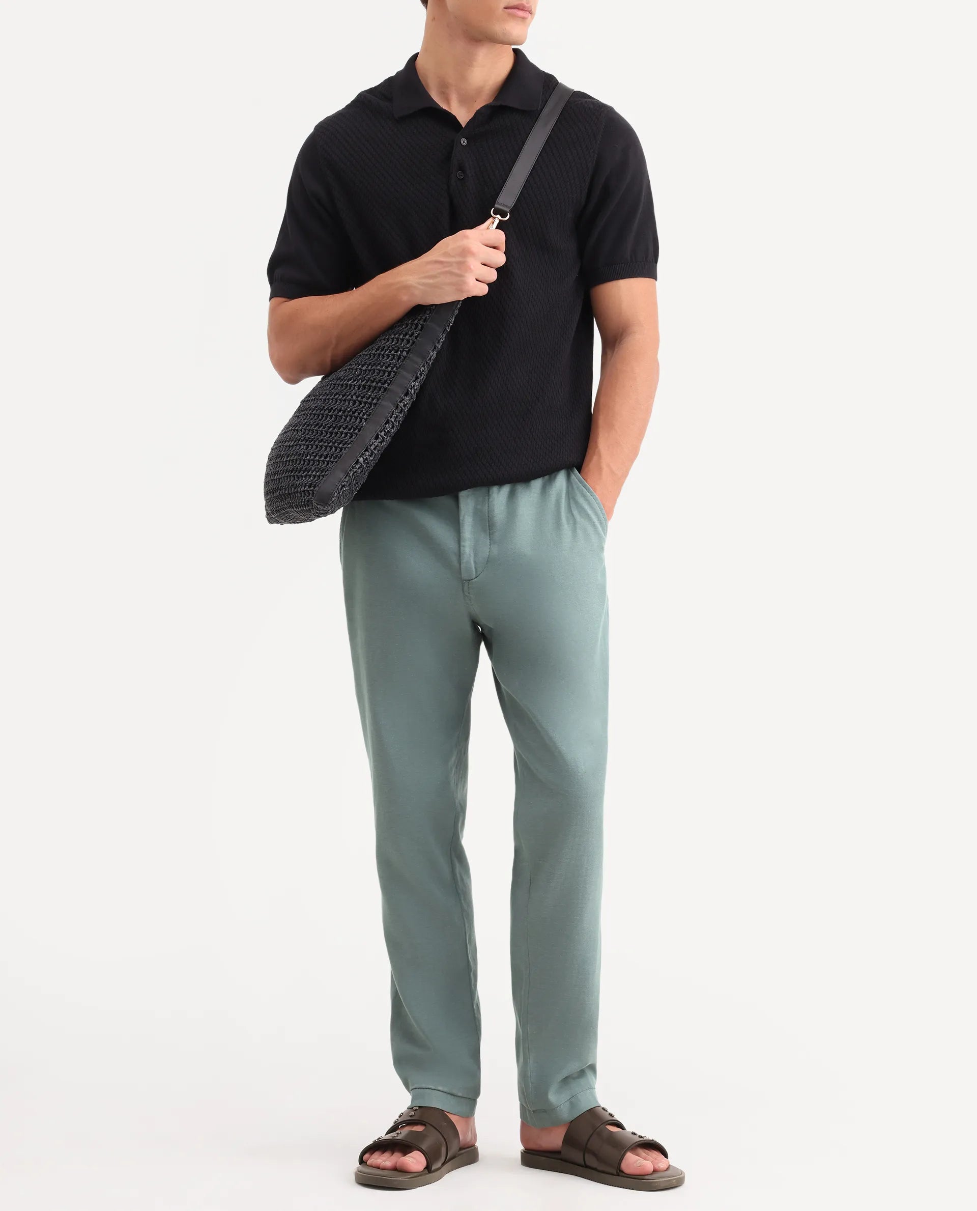 Rare Rabbit Men's Linol-T Dusky Green Linen Blend Fabric Regular Fit Drawstring Plain Trouser
